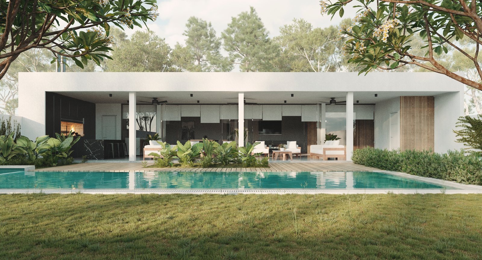 Fachada moderna con piscina y espacios exteriores amplios — proyecto Quincho Norte, por MV Arquitectos, en Formosa