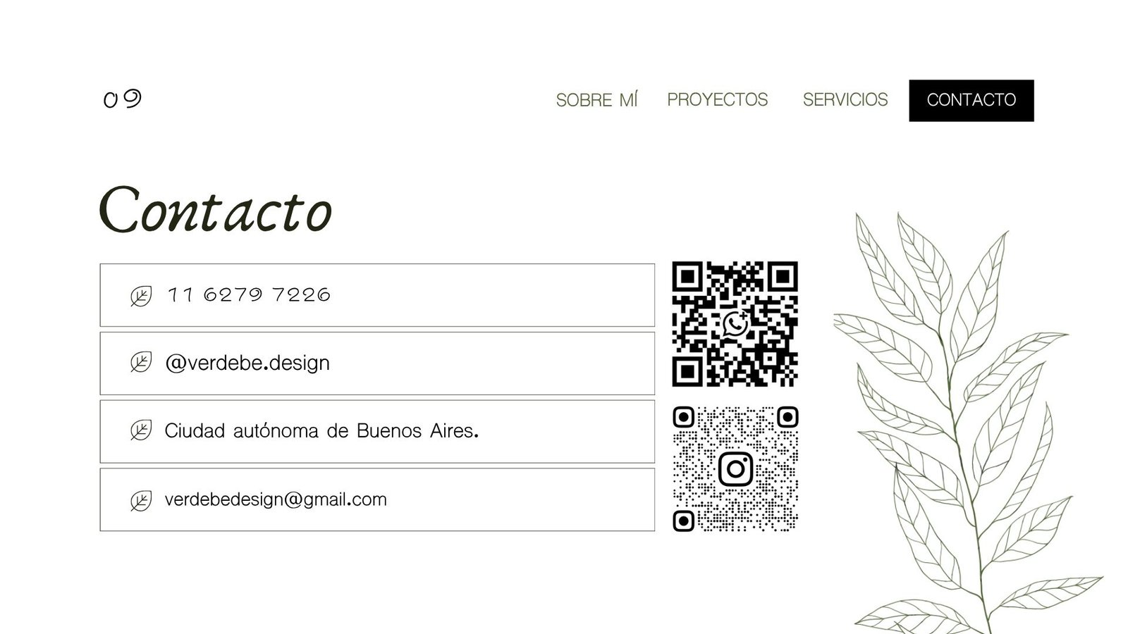 Página de contato com ilustração botânica e informações de contato — projeto portfolio Paisajismo, por Verdebe design, em Cdad. Autónoma de Buenos Aires