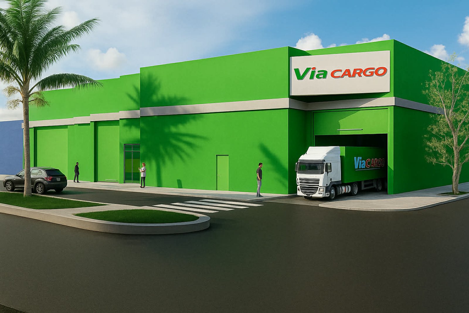 Fachada de prédio comercial moderno Via Cargo verde vibrante — projeto Sucursal Via Cargo, filial Corrientes, Empresa de distribución y logística., por Arquitecto Gustavo Maidana, 