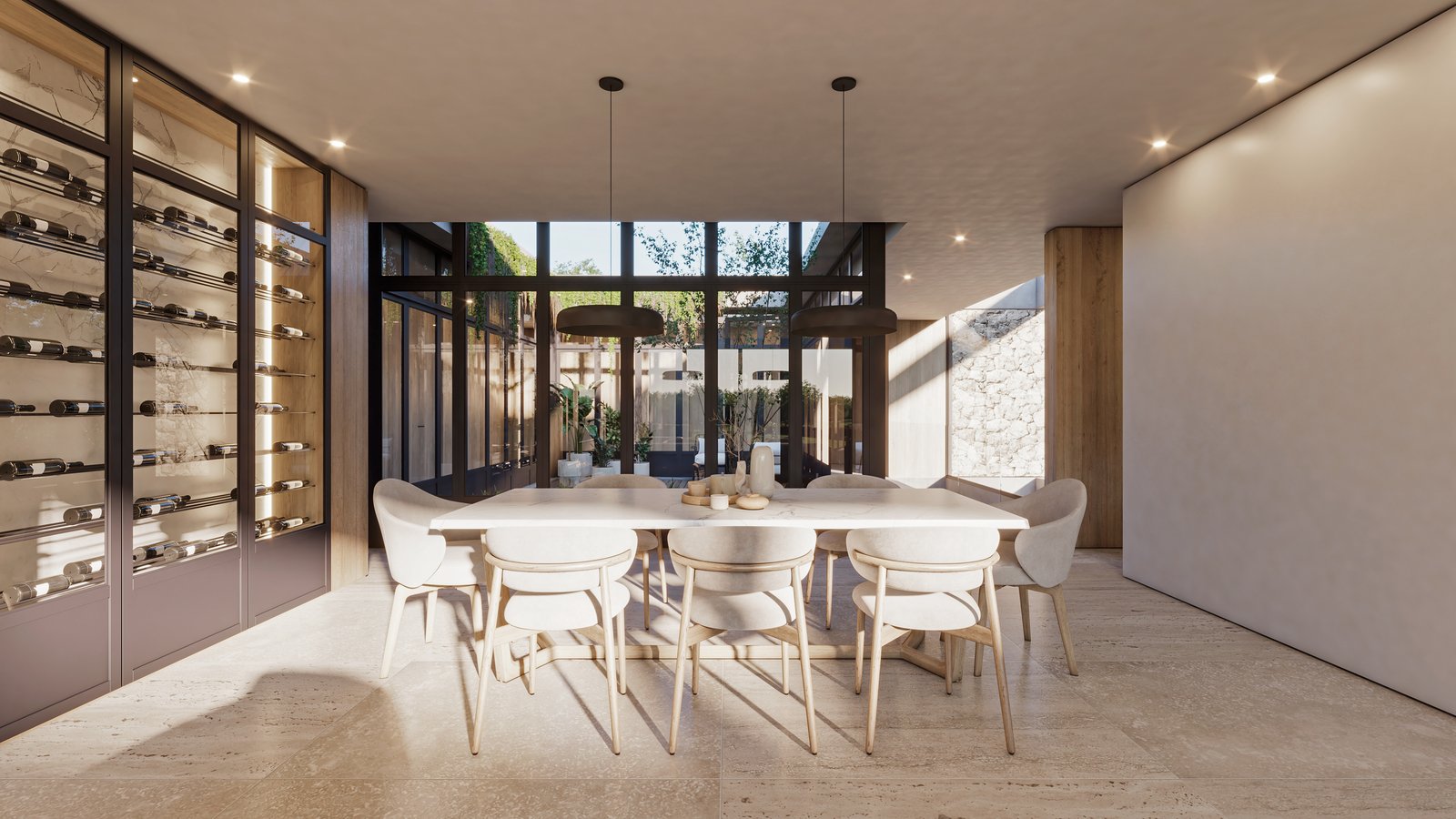 Sala de jantar moderna minimalista com adega integrada — projeto Casa GOLF, por Grupo CRBN, em Ruta Panamericana Nº. 9