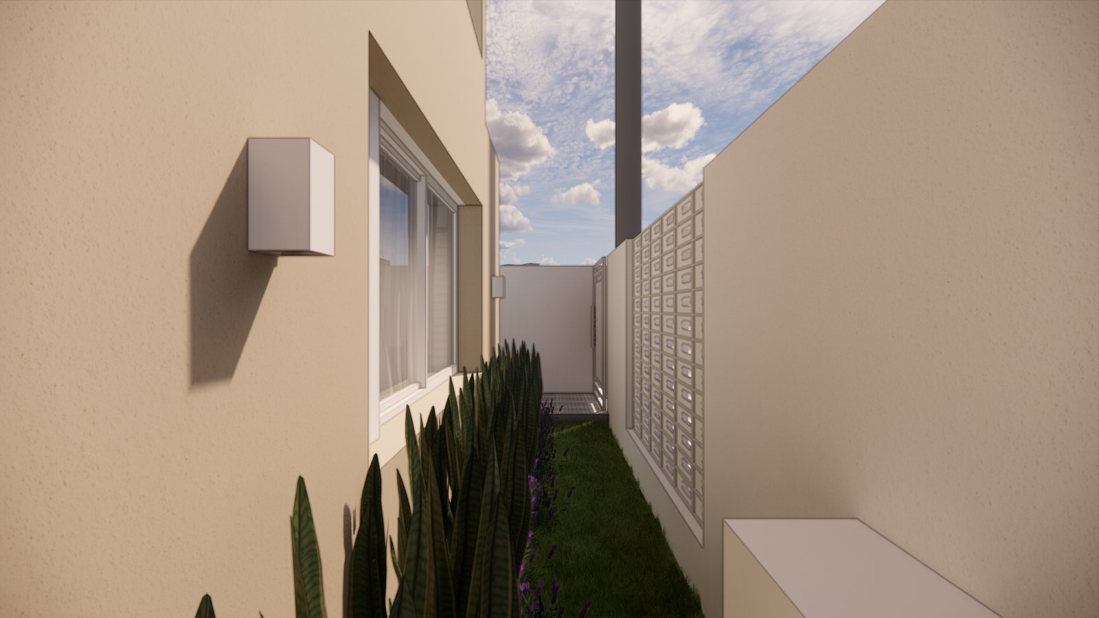 fachada moderna beige con detalles en bloque de vidrio — proyecto FACHADAS JS, por Todo con A, en X5125 Monte Cristo