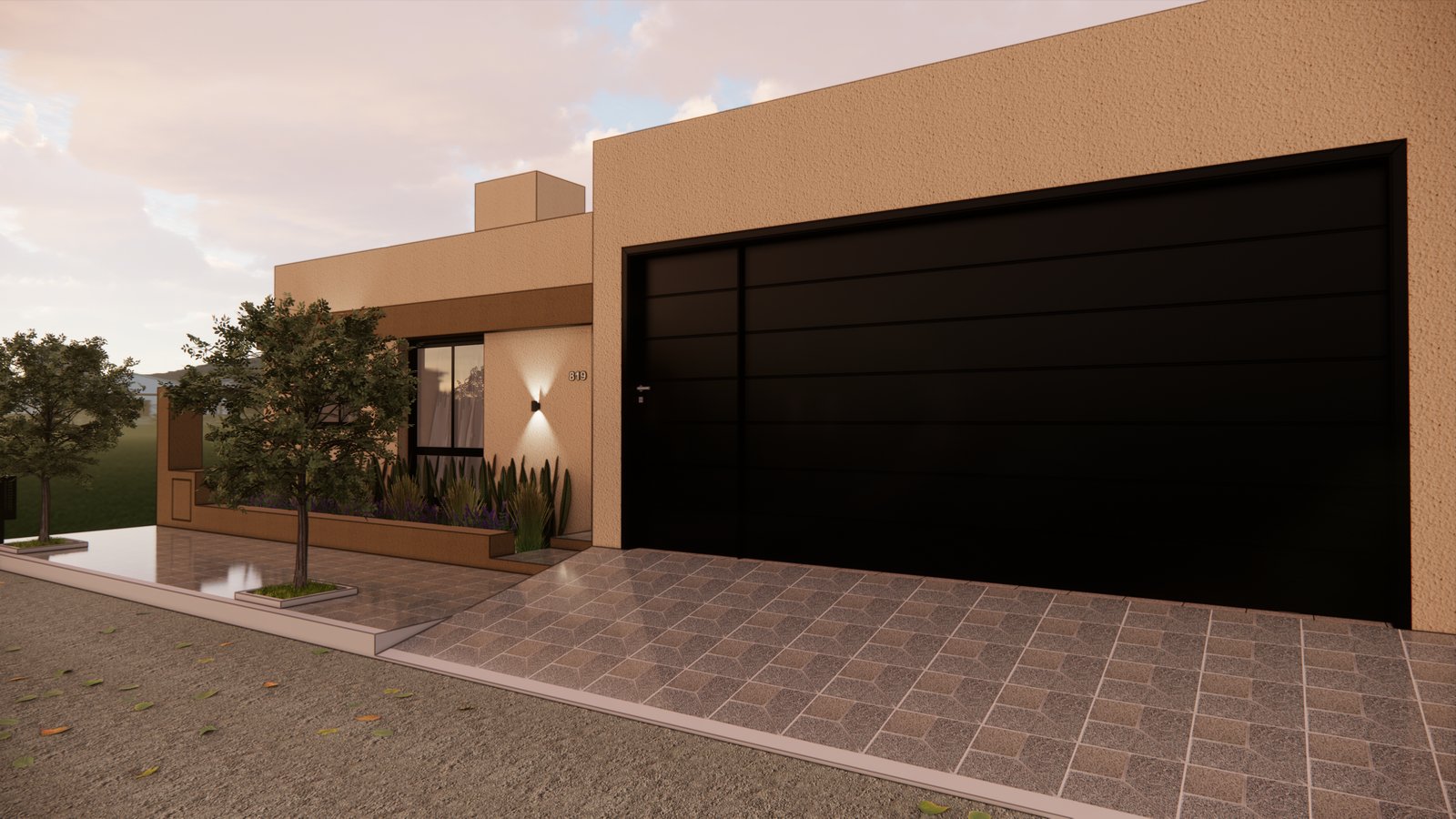 Fachada de casa moderna unifamiliar com porta de garagem preta — projeto FACHADA S&S, por Todo con A, em X5125 Monte Cristo