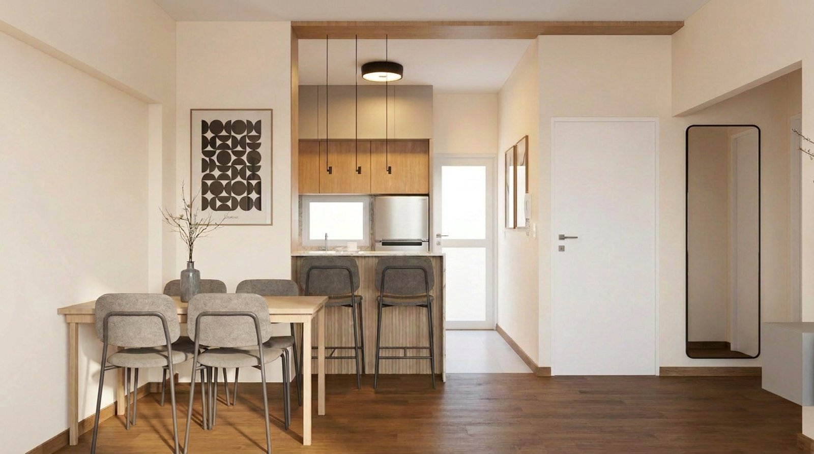 Comedor y cocina integrados con estilo escandinavo moderno — proyecto Diseño de living, comedor y cocina integrados, por Mela Deco Design, en Buenos Aires