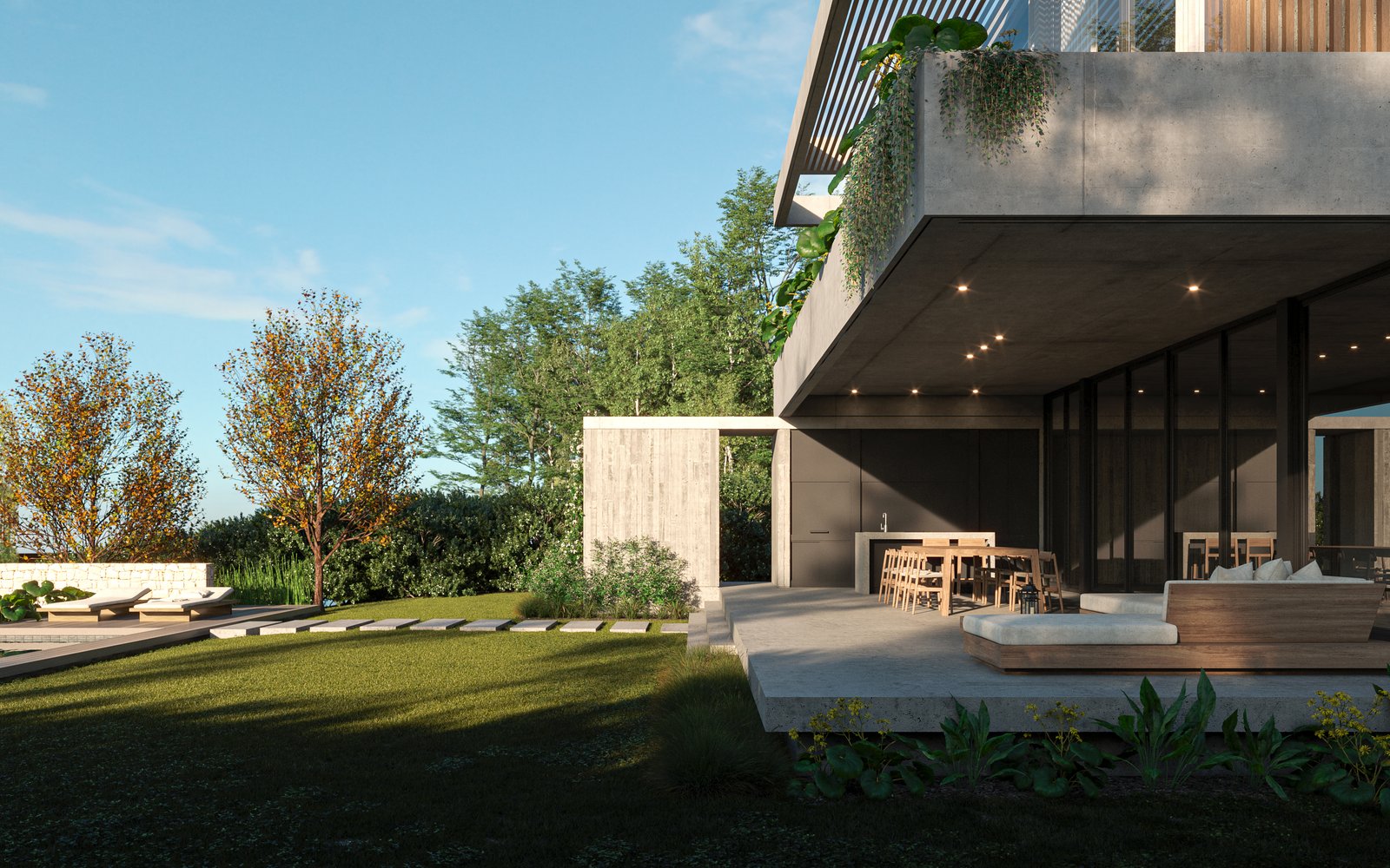 Patio moderno de hormigón con vegetación exuberante y sala de estar exterior — proyecto Casa PUERTOS, por Grupo CRBN, en Provincia de Buenos Aires