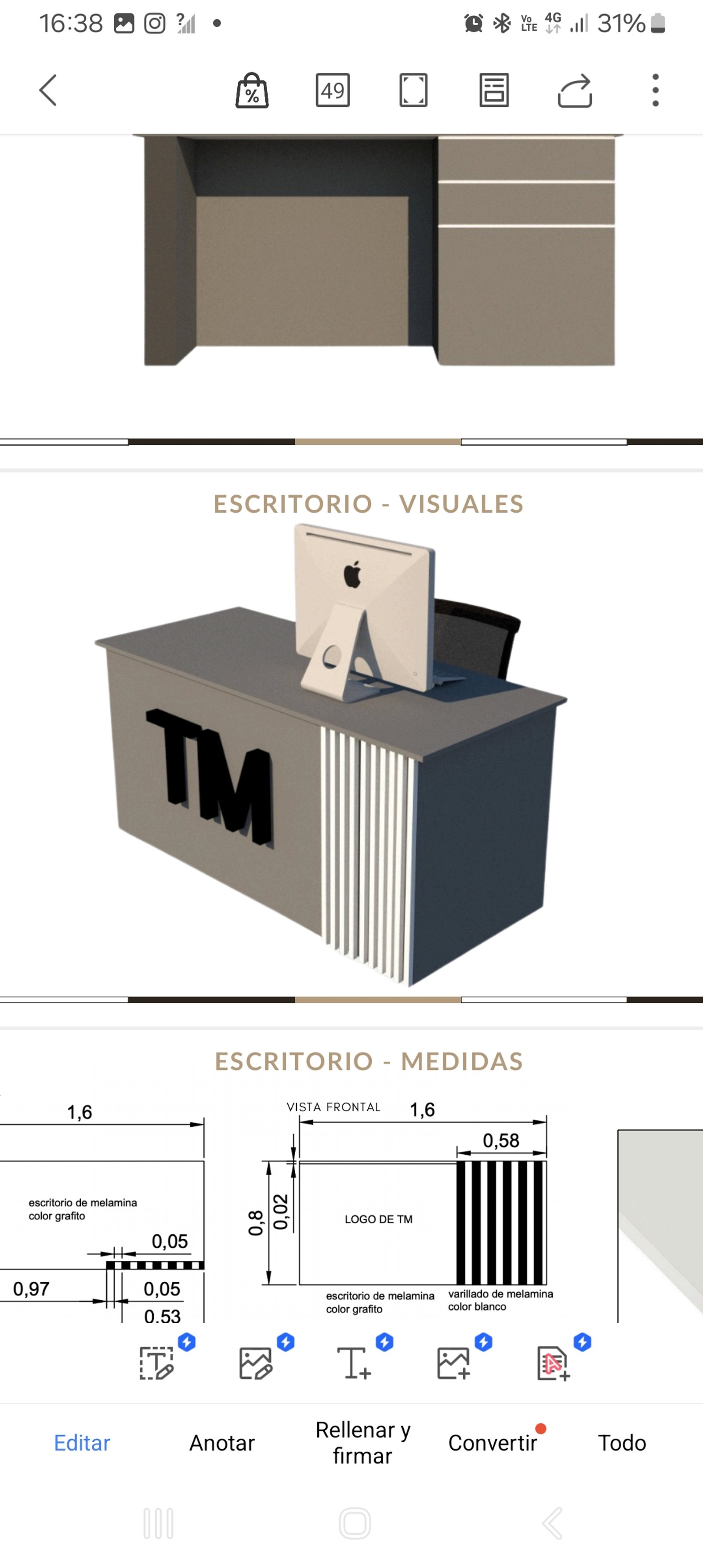 escritorio moderno de recepción con logo 'TM' — proyecto TODO MUBLES LA BARRACA, por Yamil Cerna, en Dorrego Mendoza