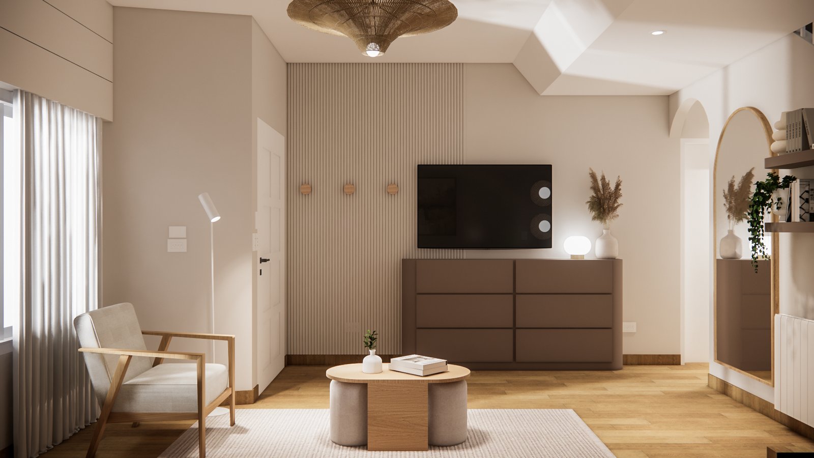 Living moderno boho con detalles en rattan y madera — proyecto Diseño cálido de living, por Mela Deco Design, en Buenos Aires