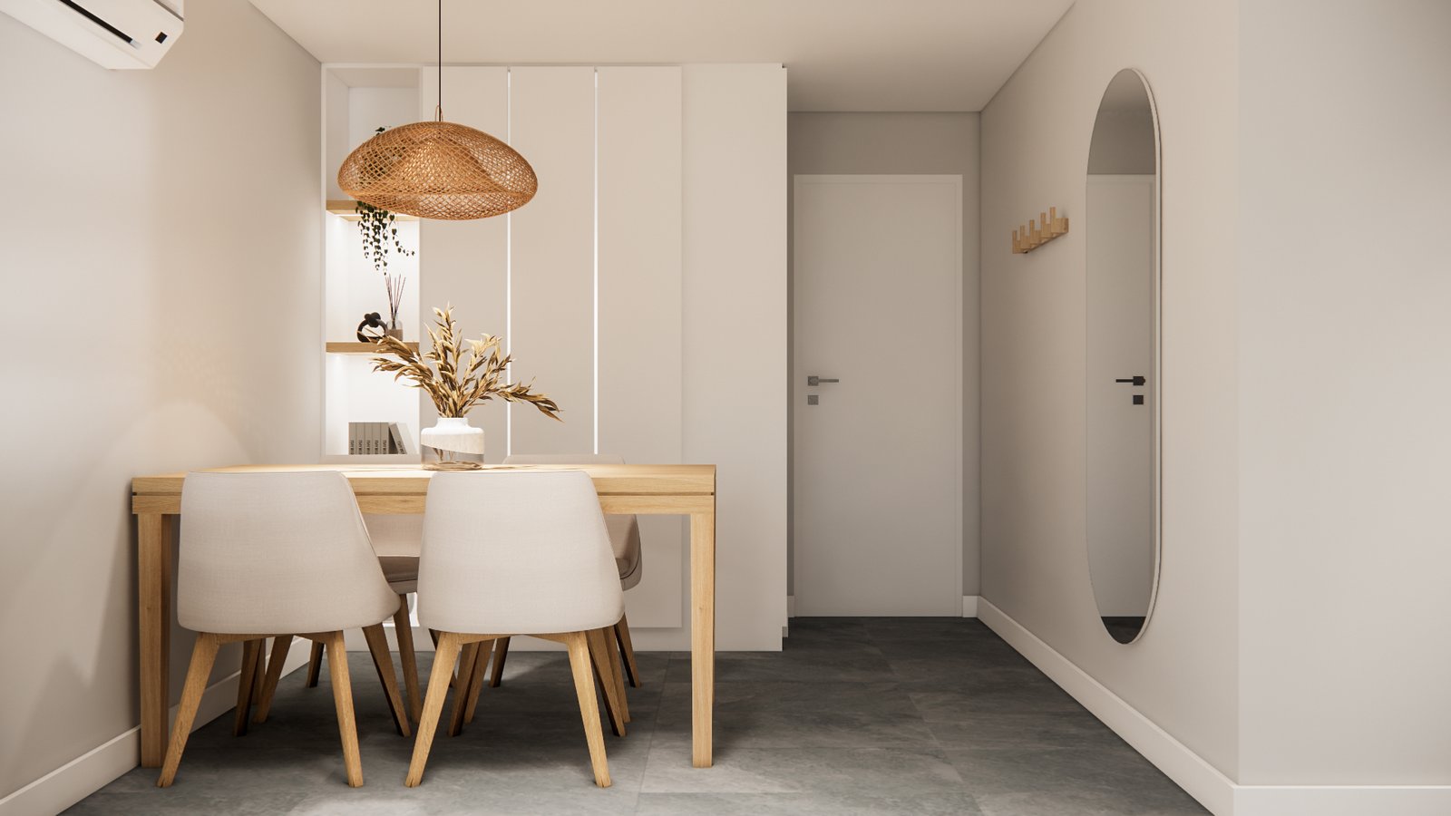 Sala de jantar escandinava com mesa de madeira e iluminação aconchegante — projeto Apartamento de ciudad, diseño funcional y acogedor, por Mela Deco Design, em Córdoba