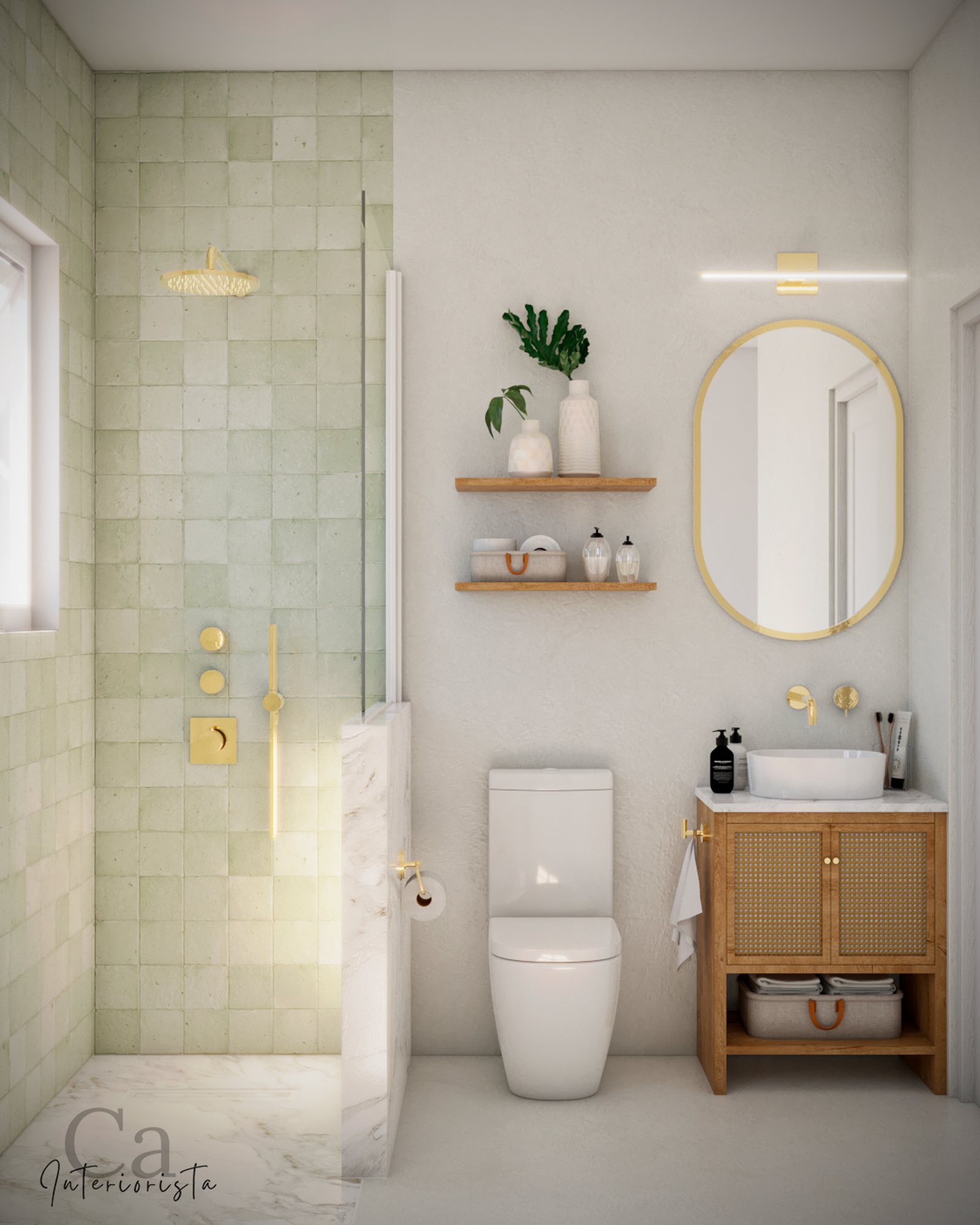 Baño moderno con azulejos verdes, vanity de ratán y detalles dorados — proyecto Baño en 3D, por Carolina Interiorista, en Buenos Aires