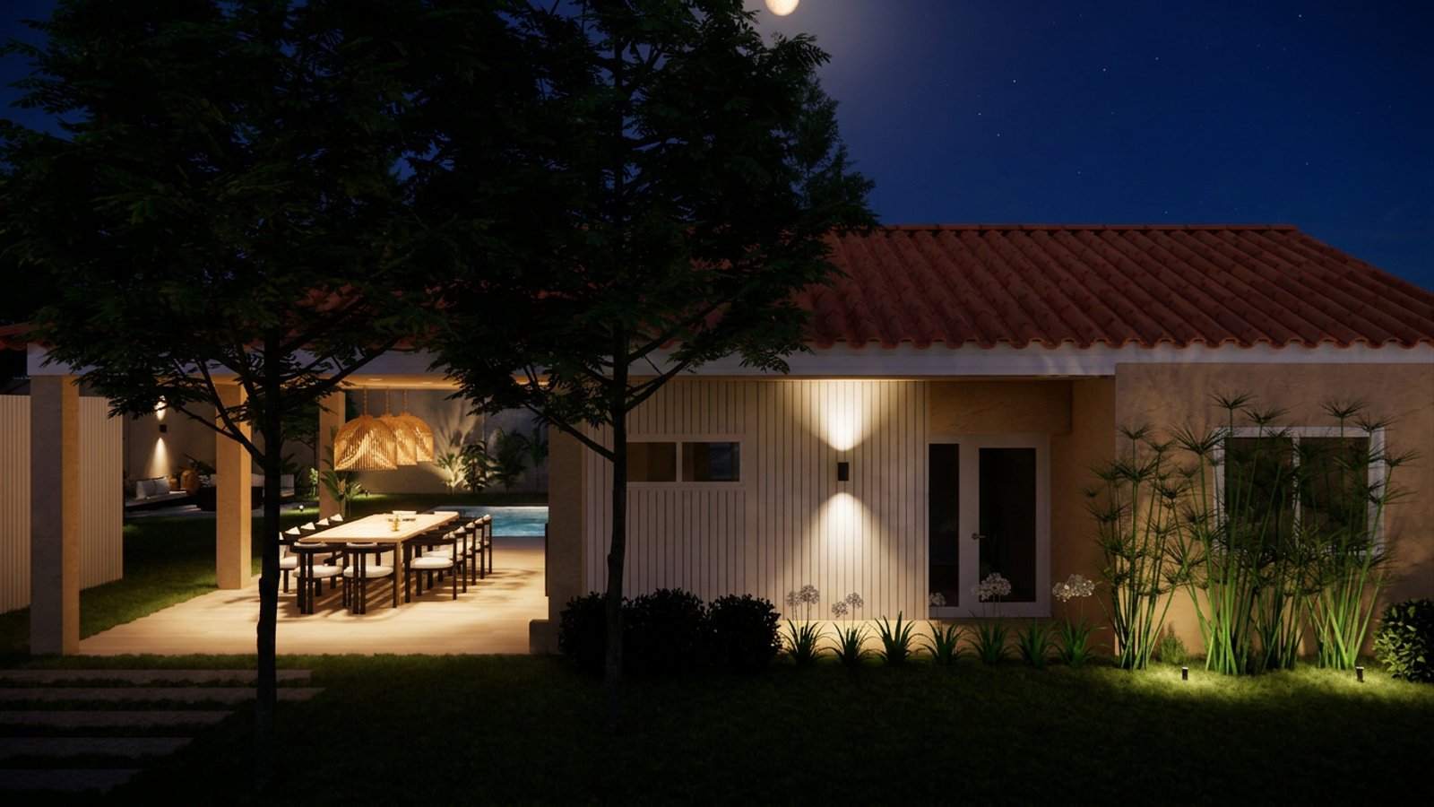 Fachada moderna iluminada à noite com vegetação tropical — projeto Diseño de galería y fogonero, por Mela Deco Design, em Buenos Aires