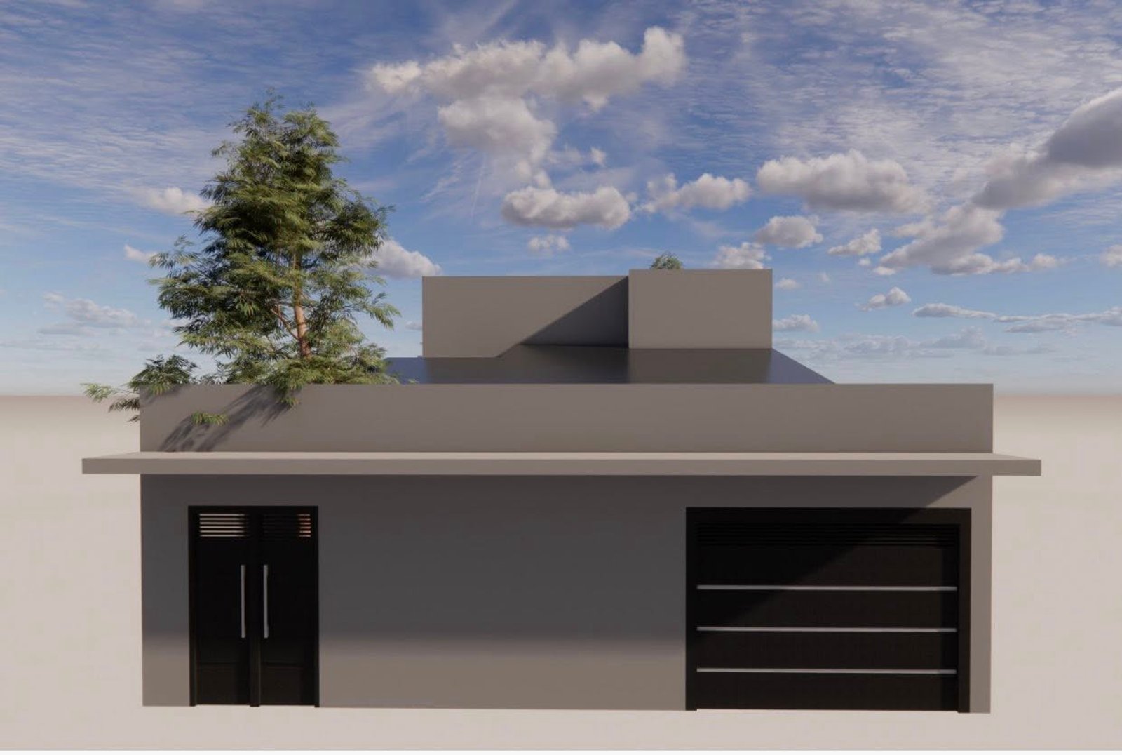 Fachada moderna de casa con puerta de garaje y árbol — proyecto Vivienda Unifamiliar, por Arquitecto Gustavo Maidana, en Corrientes