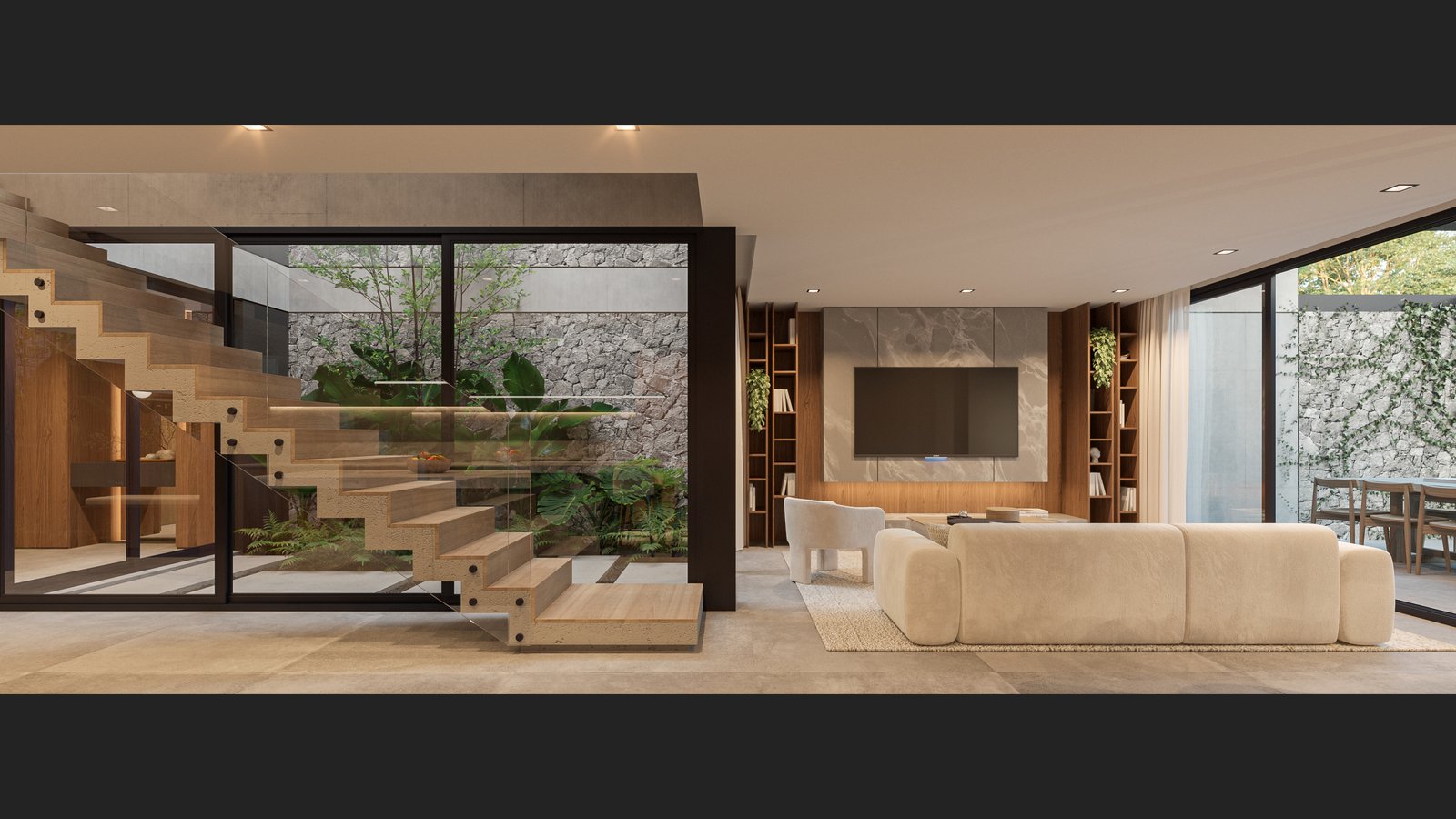 Living moderno con jardín interior y escalera flotante — proyecto Casa IZA, por Grupo CRBN, en Villa Urquiza