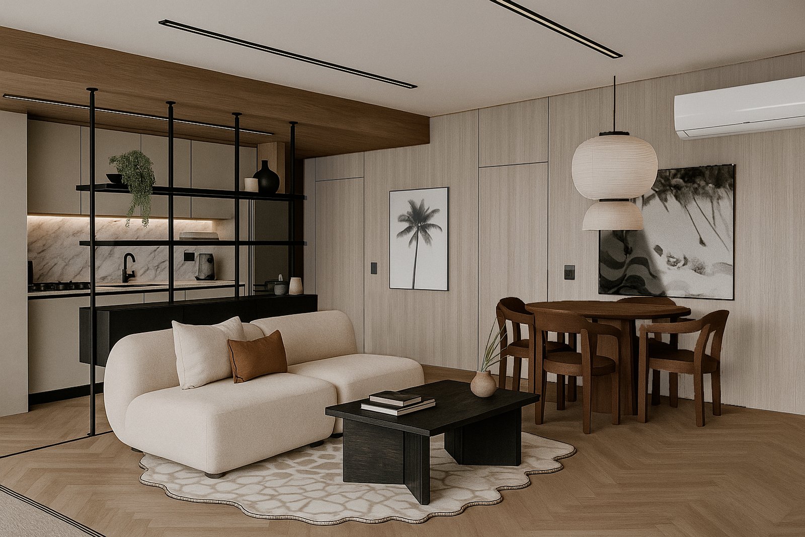 Sala de estar moderna com sala de jantar integrada, móveis minimalistas e madeira clara — projeto Los Incas - Piso 2, por Tali Estudio, em Av. de los Incas 3190