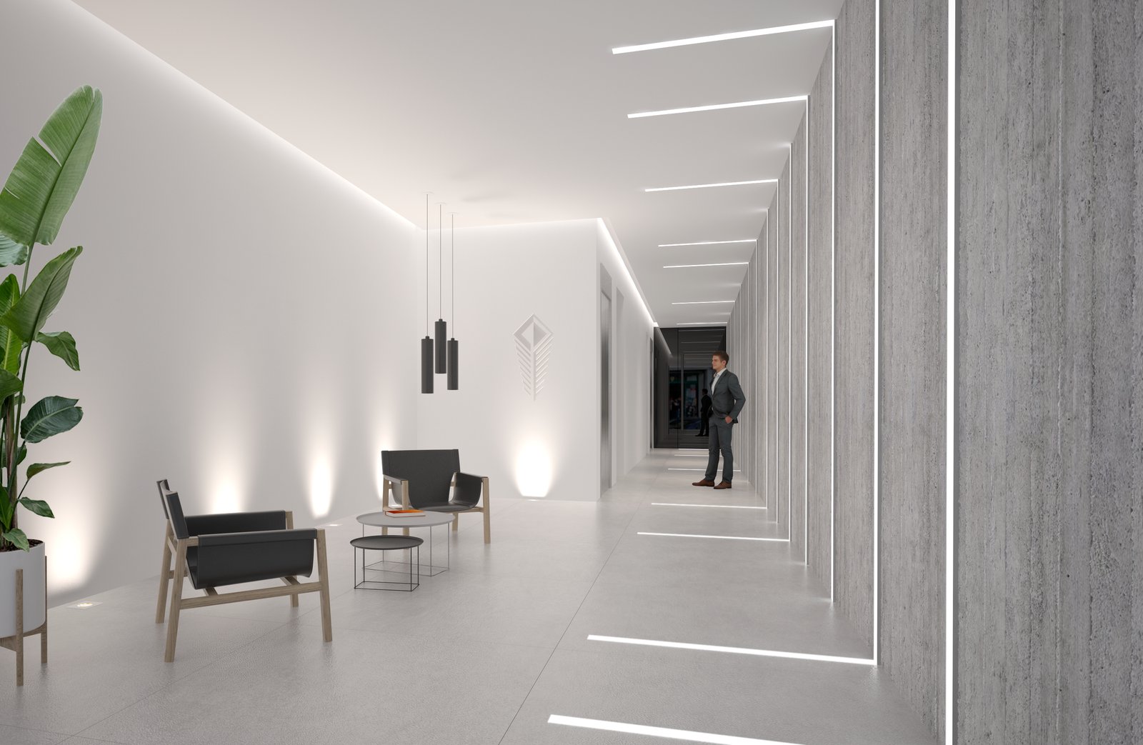 Corredor moderno com iluminação indireta e móveis minimalistas — projeto Edificio Scalabrini, por LW Lopez Wolder arquitectos, em Av. Raúl Scalabrini Ortiz 550