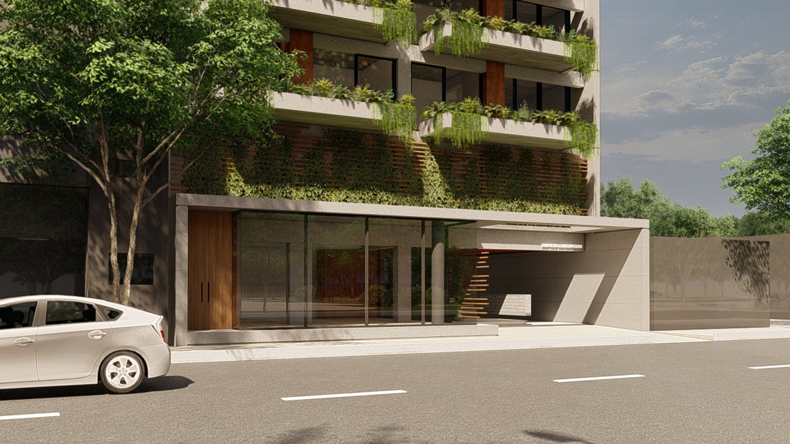 fachada moderna com parede verde e acesso de carro — projeto PH CONCEPCION, por ML ARQUITECTURA / ARQ. MARIANO LEOTTA, em J5400 Concepción
