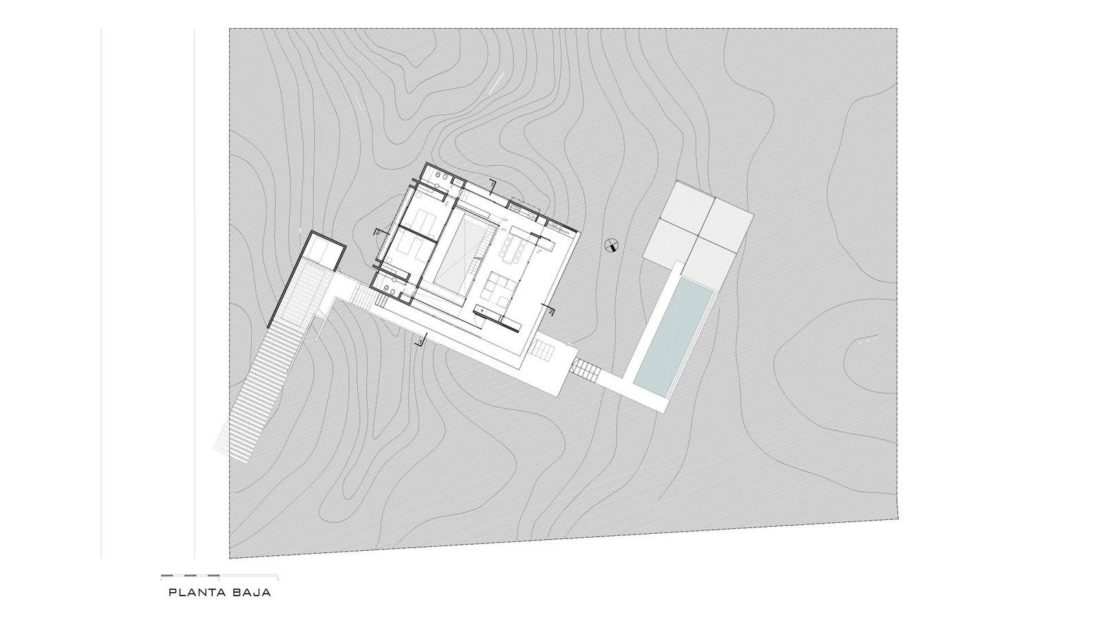 Plano de casa moderna en ladera con piscina — proyecto Casa Médanos, por Besonías Almeida arquitectos, en JWRC+MQ