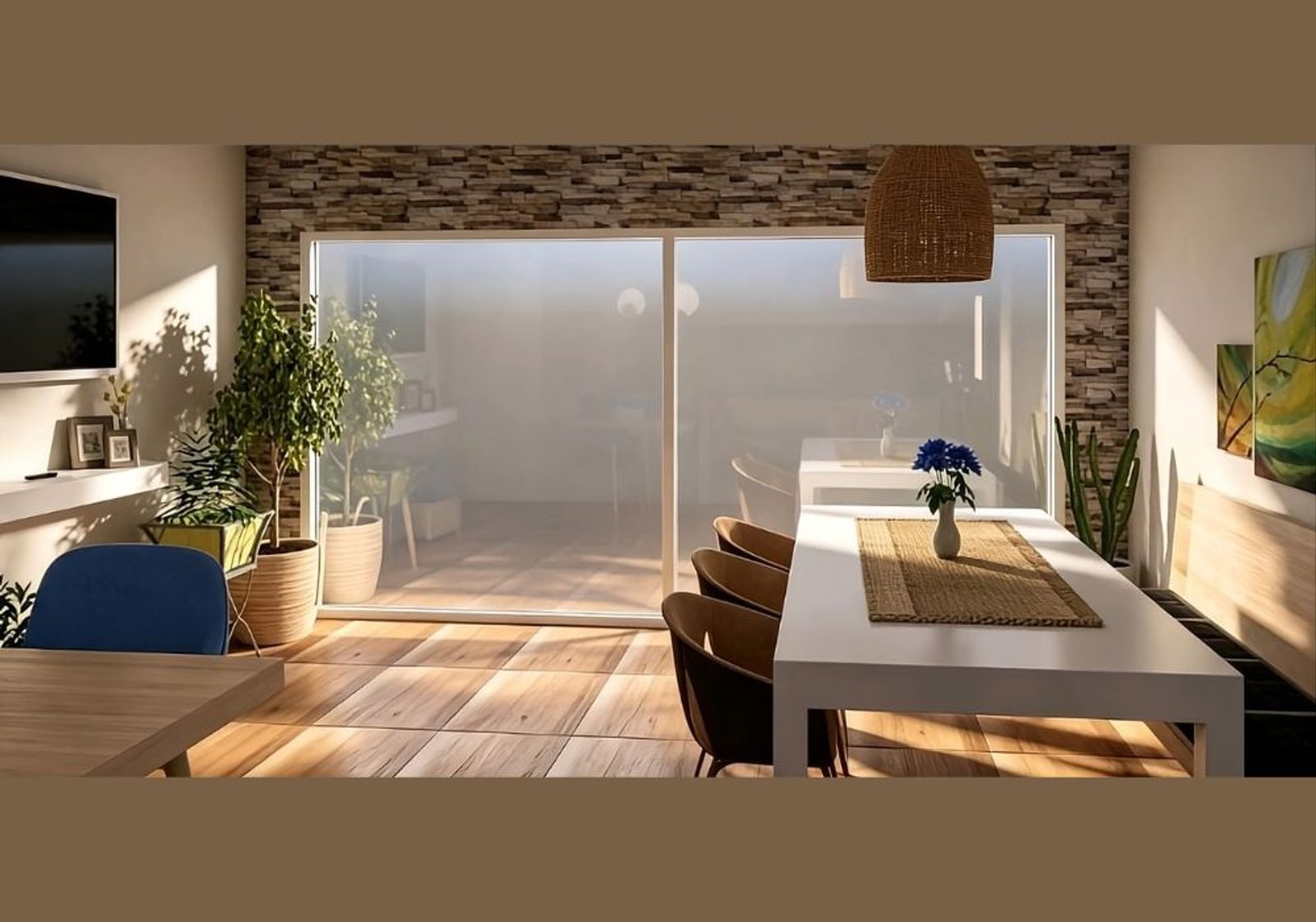 Comedor moderno con ventanales y detalles rústicos — proyecto Cocina Comedor Integrada, por FA DISEÑO Y AMBIENTACION, en Bahía Blanca