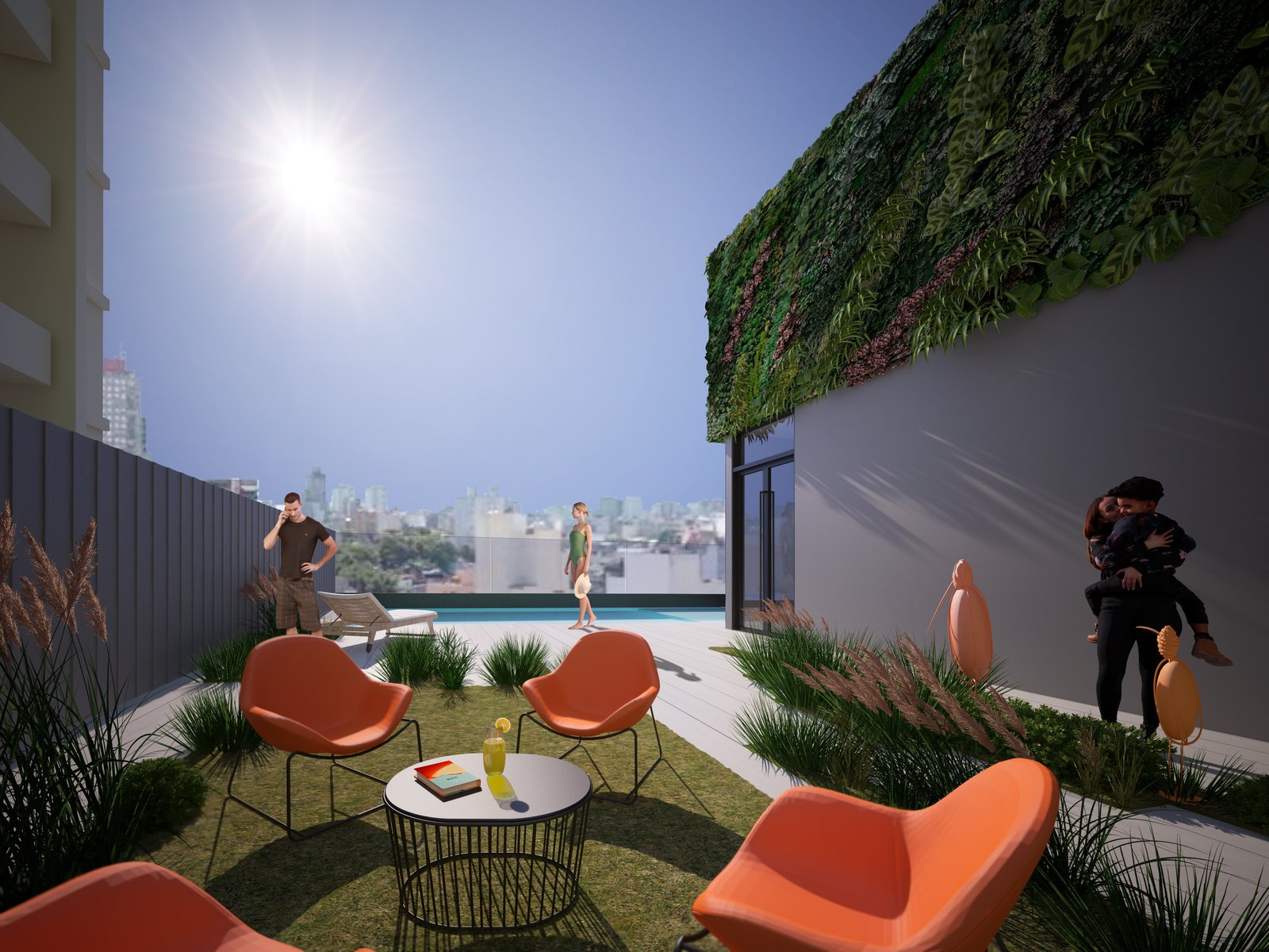 Terraza moderna con pared verde y sillones naranjas — proyecto Edificio Scalabrini, por LW Lopez Wolder arquitectos, en Av. Raúl Scalabrini Ortiz 550