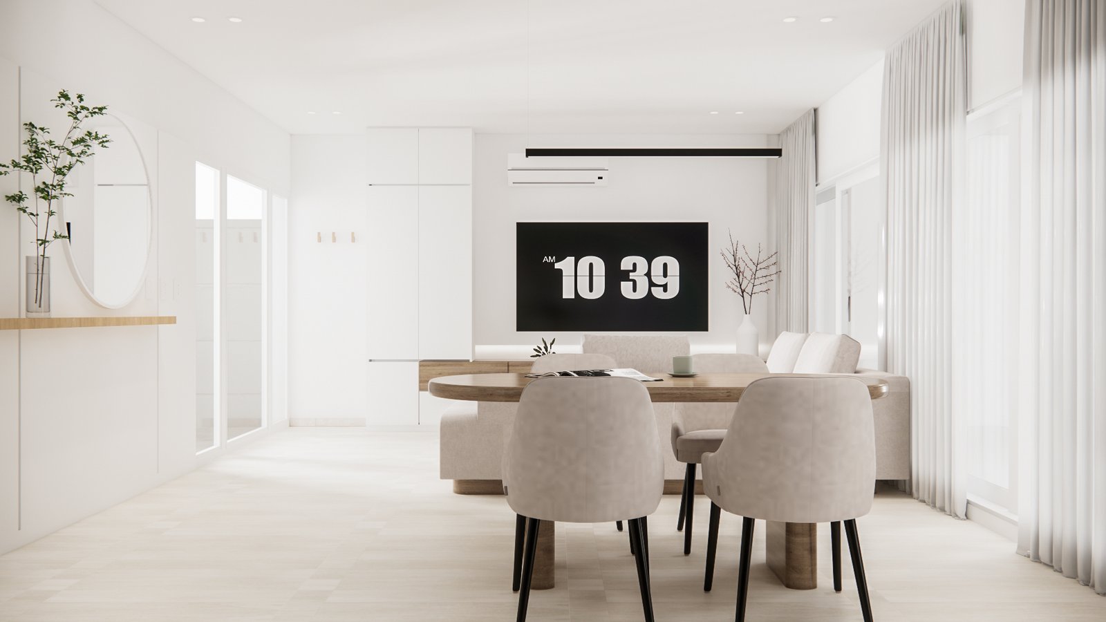 Comedor escandinavo minimalista con mesa ovalada y sillas de tela — proyecto Casa cálida y acogedora, por Mela Deco Design, en Buenos Aires