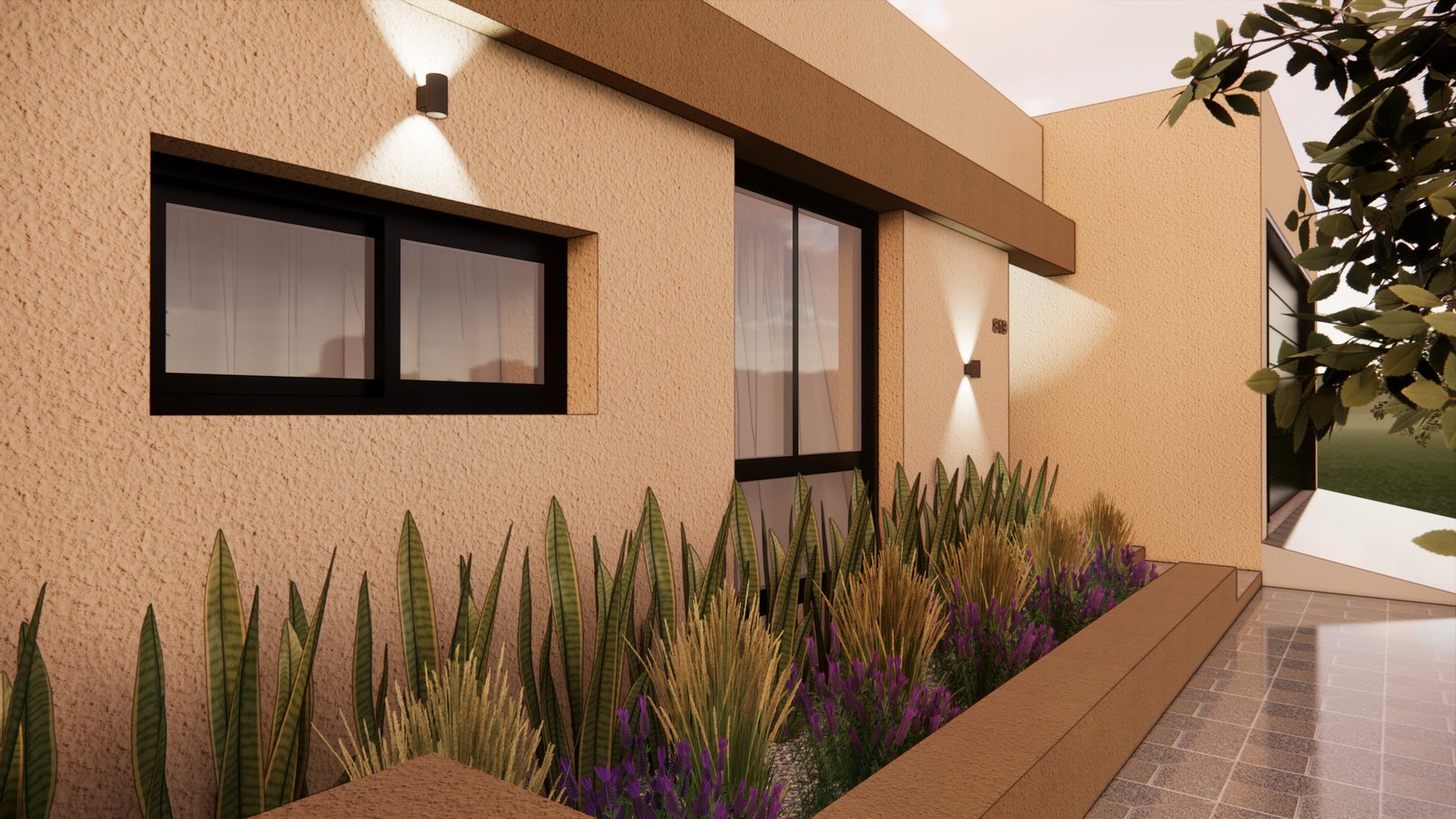 Fachada moderna com reboco bege, janelas escuras amplas e vegetação exuberante — projeto FACHADA S&S, por Todo con A, em X5125 Monte Cristo