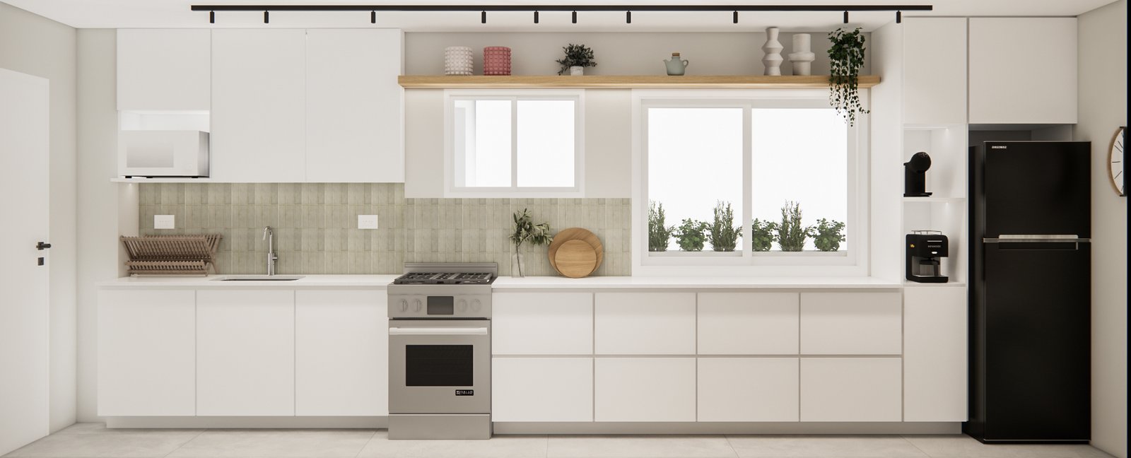 Cocina moderna escandinava con azulejos verdes y heladera negra — proyecto Colorida renovación total de casa, por Mela Deco Design, en Buenos Aires