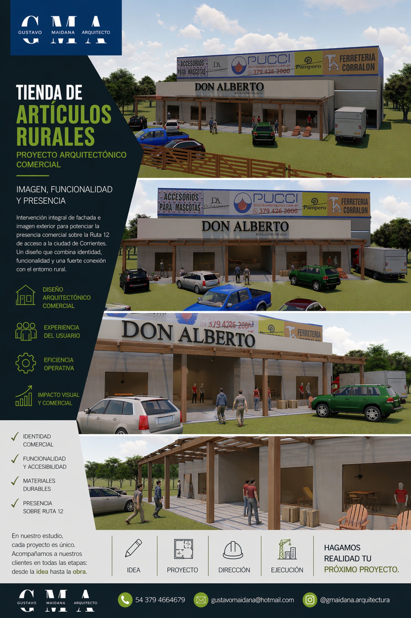 fachada comercial moderna rústica con pérgola y vegetación — proyecto Obras Varias, por Arquitecto Gustavo Maidana, en Corrientes
