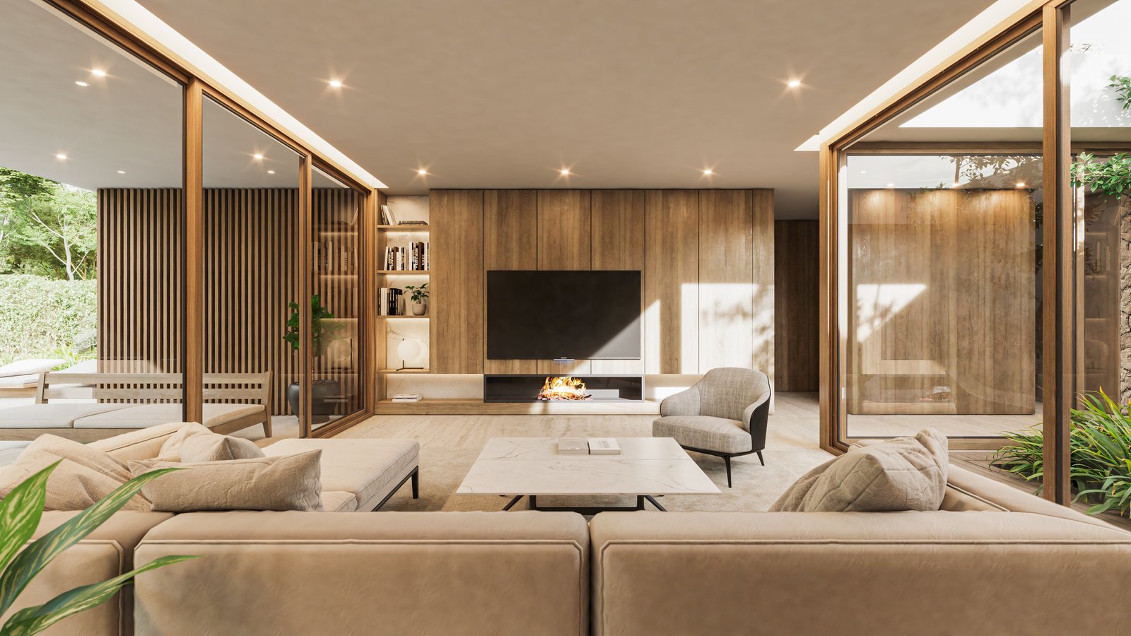 Living moderno con paneles de madera y grandes ventanales — proyecto Casa CITY, por Grupo CRBN, en City Bell
