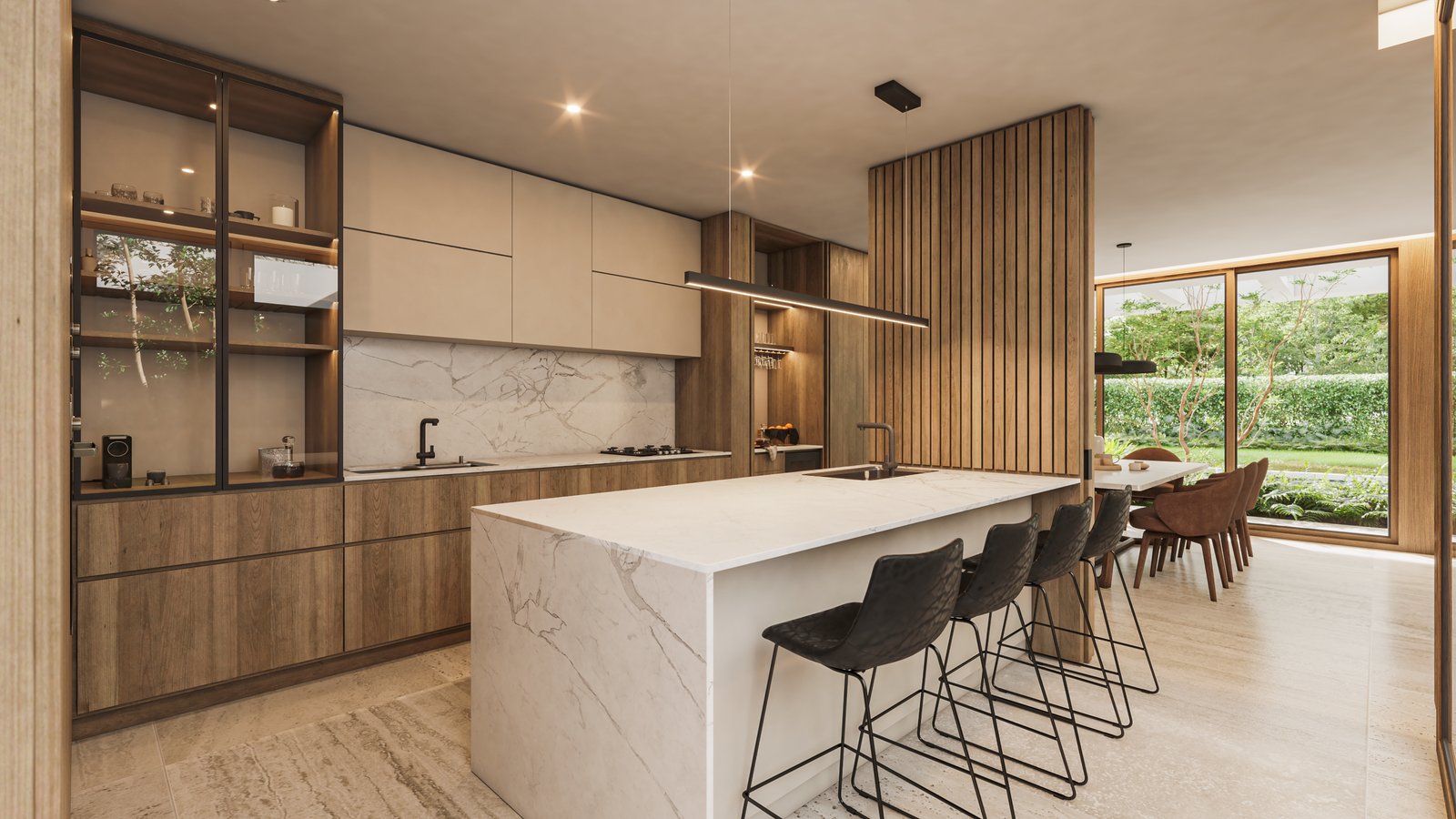 Cocina moderna abierta con isla de mármol y madera — proyecto Casa CITY, por Grupo CRBN, en City Bell