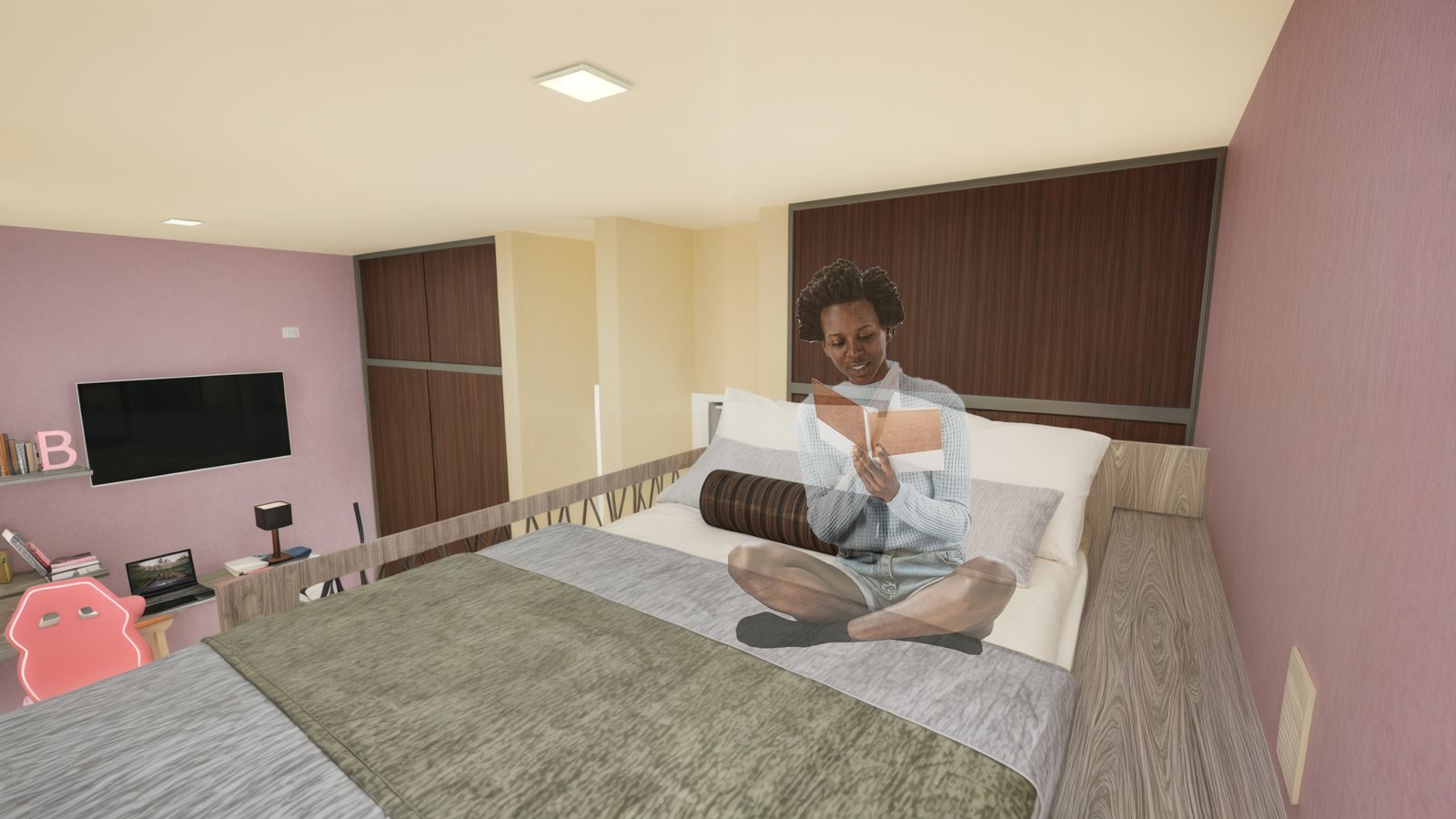 quarto moderno com mulher lendo na cama — projeto PROYECTO HABITACION JUVENIL, por TD Interiorismo, em San Fernando del Valle de Catamarca