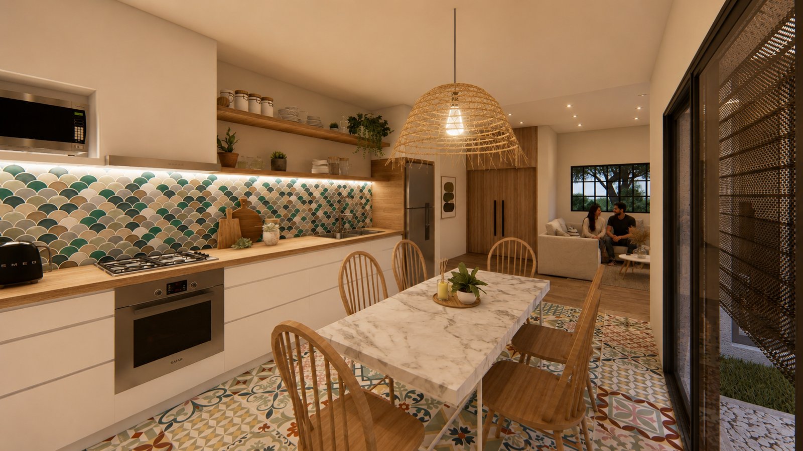 Cocina y comedor moderno estilo Mediterráneo con azulejos y mármol — proyecto Casa Inti, por WILSON ARQUITECTURA, en Manzanares