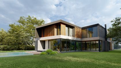 Fachada moderna con madera y ventanales amplios — proyecto PUENTES 62, por EDIFIZZI, en Buenos Aires