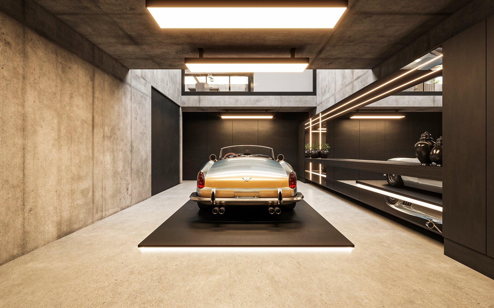 garaje industrial con auto clásico exhibido — proyecto Casa MITO, por Grupo CRBN, en Ituzaingó