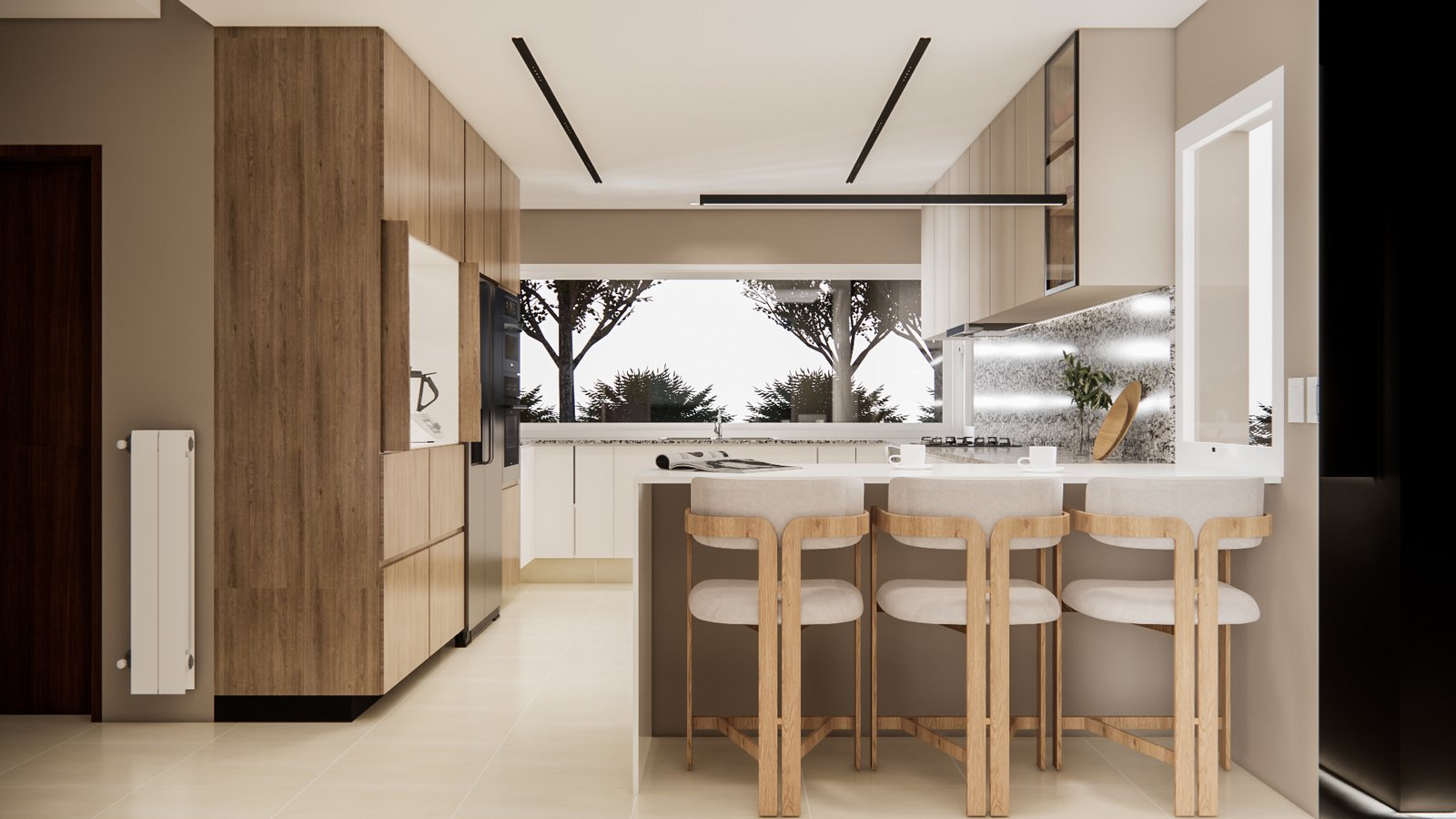 Cocina moderna con isla, barra y mucha luz natural — proyecto Diseño cálido de cocina, por Mela Deco Design, en Buenos Aires