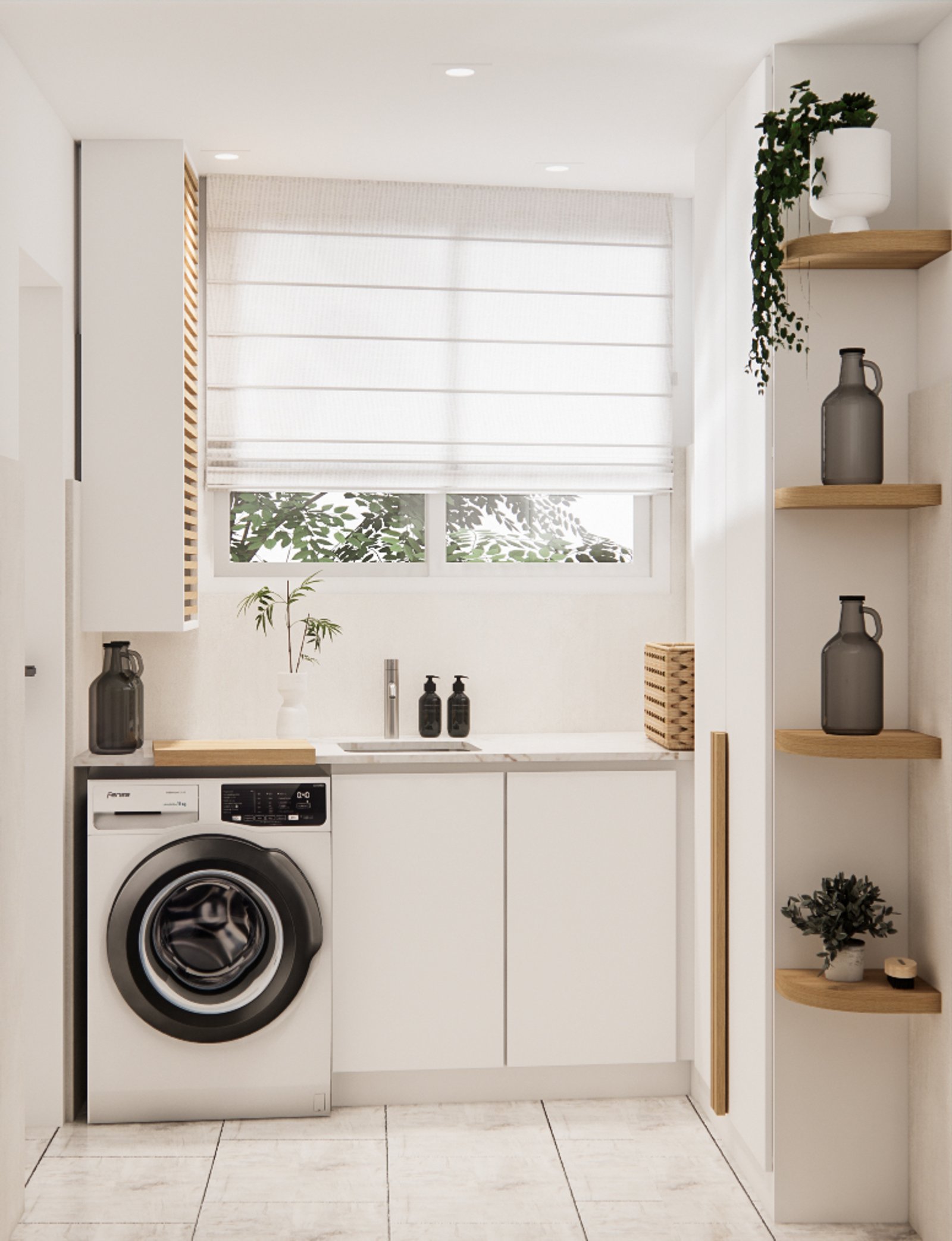 Lavadero moderno escandinavo con lavarropas y estantes flotantes — proyecto Nuevo diseño para laundry y baño , por Mela Deco Design, en Buenos Aires