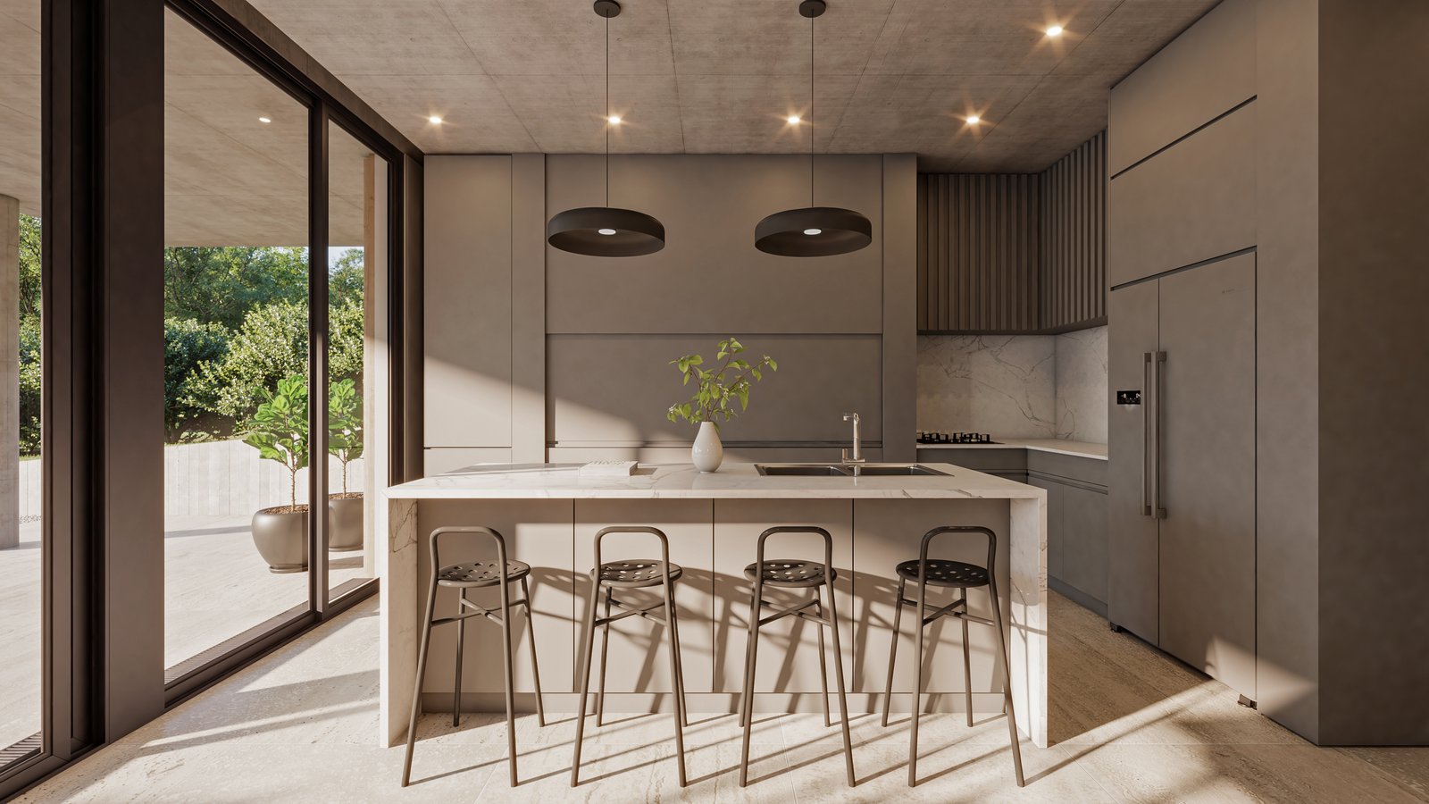 Cocina moderna de render con isla grande y luz natural — proyecto Casa GOLF, por Grupo CRBN, en Ruta Panamericana Nº. 9