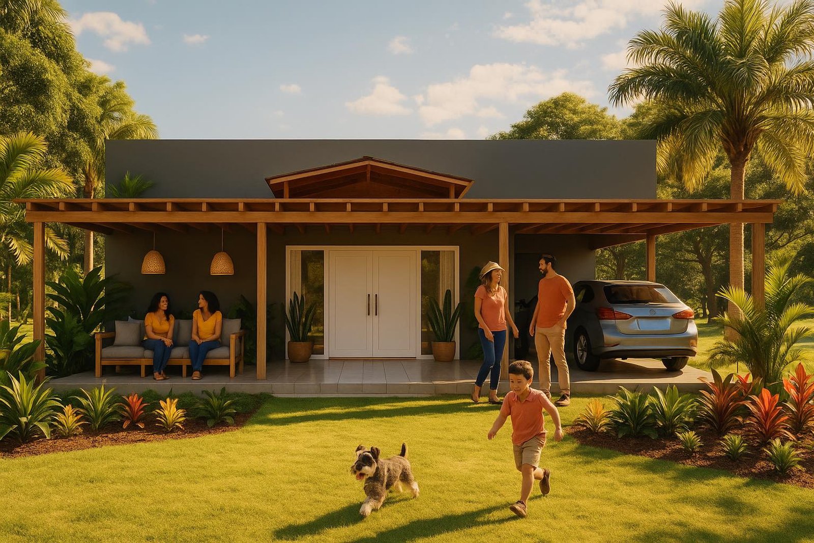 Casa moderna con jardín exuberante y vehículos — proyecto Casa de Campo, por Arquitecto Gustavo Maidana, en Col. Santa Rosa