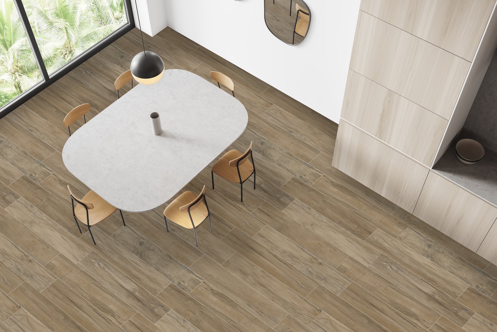 Comedor moderno con mesa ovalada de piedra y sillas de madera — proyecto 20x120, por Cerámica Alberdi 