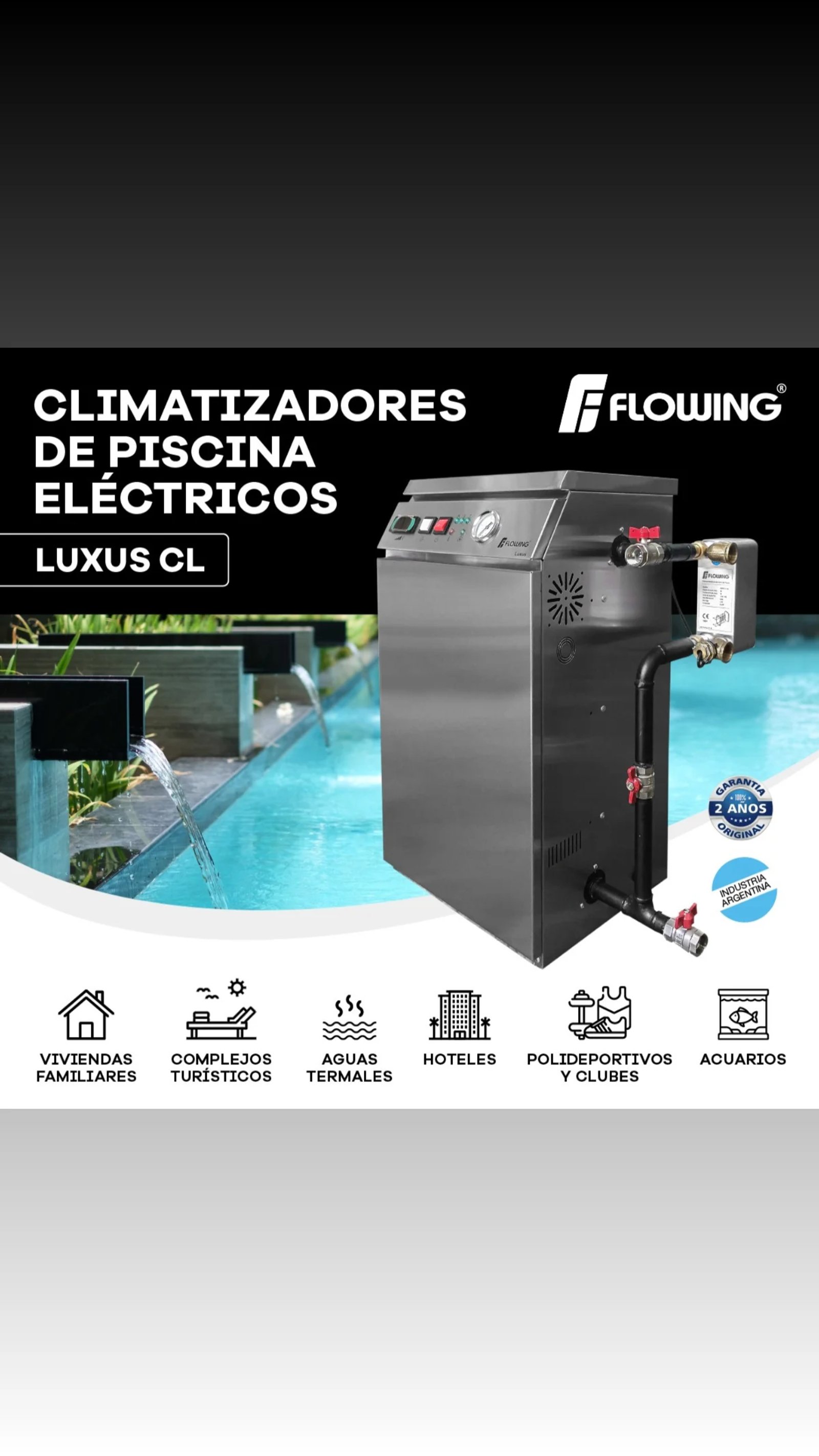 Calentador de piscina eléctrico moderno Flowing Luxus CL — proyecto Soluciones Electricas , por M&E Calefacción Alejandro Simón , en Mar del Plata