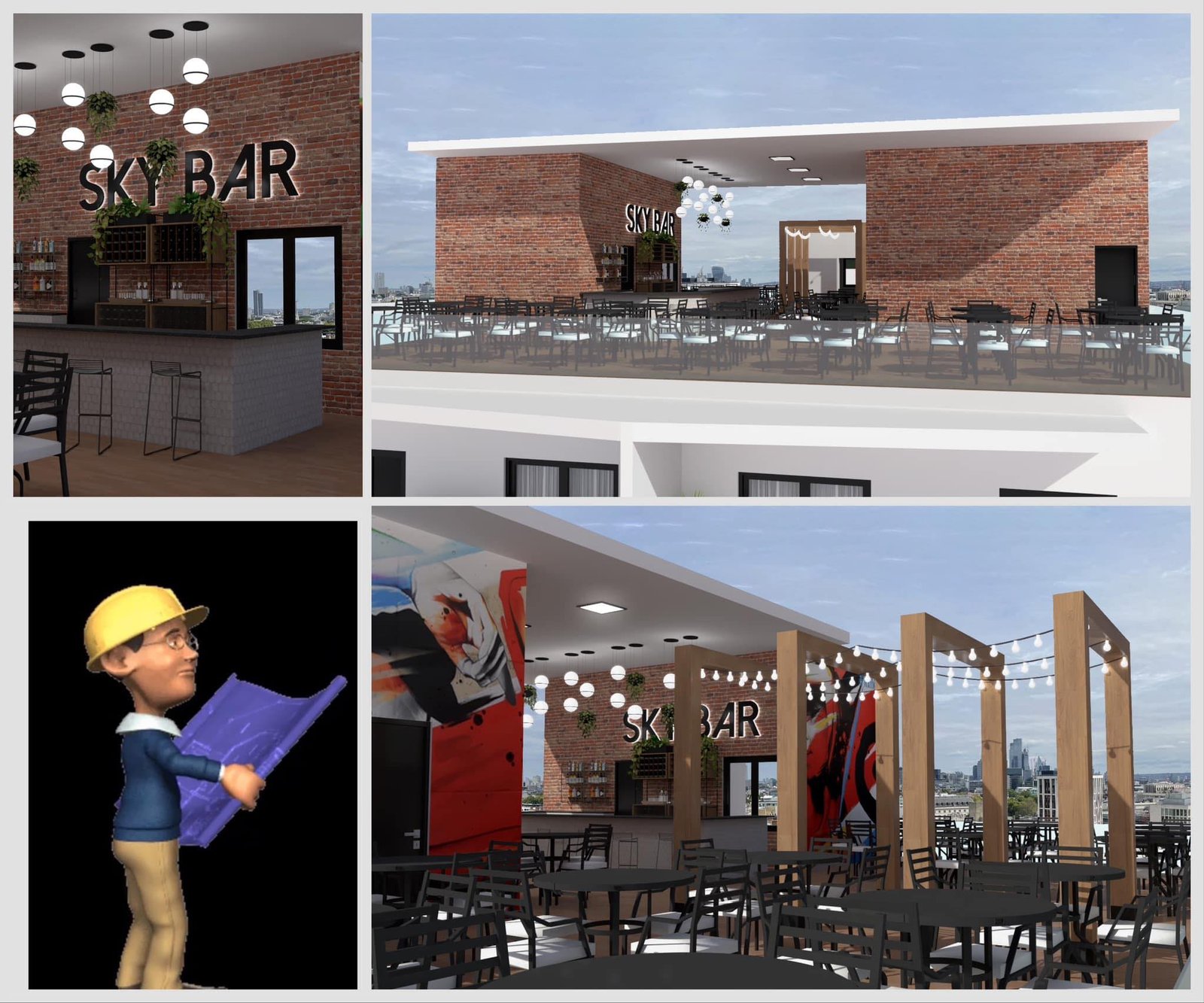 terraço de bar ao ar livre com luzes suspensas — projeto Edificio de departamentos con resto Bar en roftop., por Arquitecto Gustavo Maidana, em Caá Catí