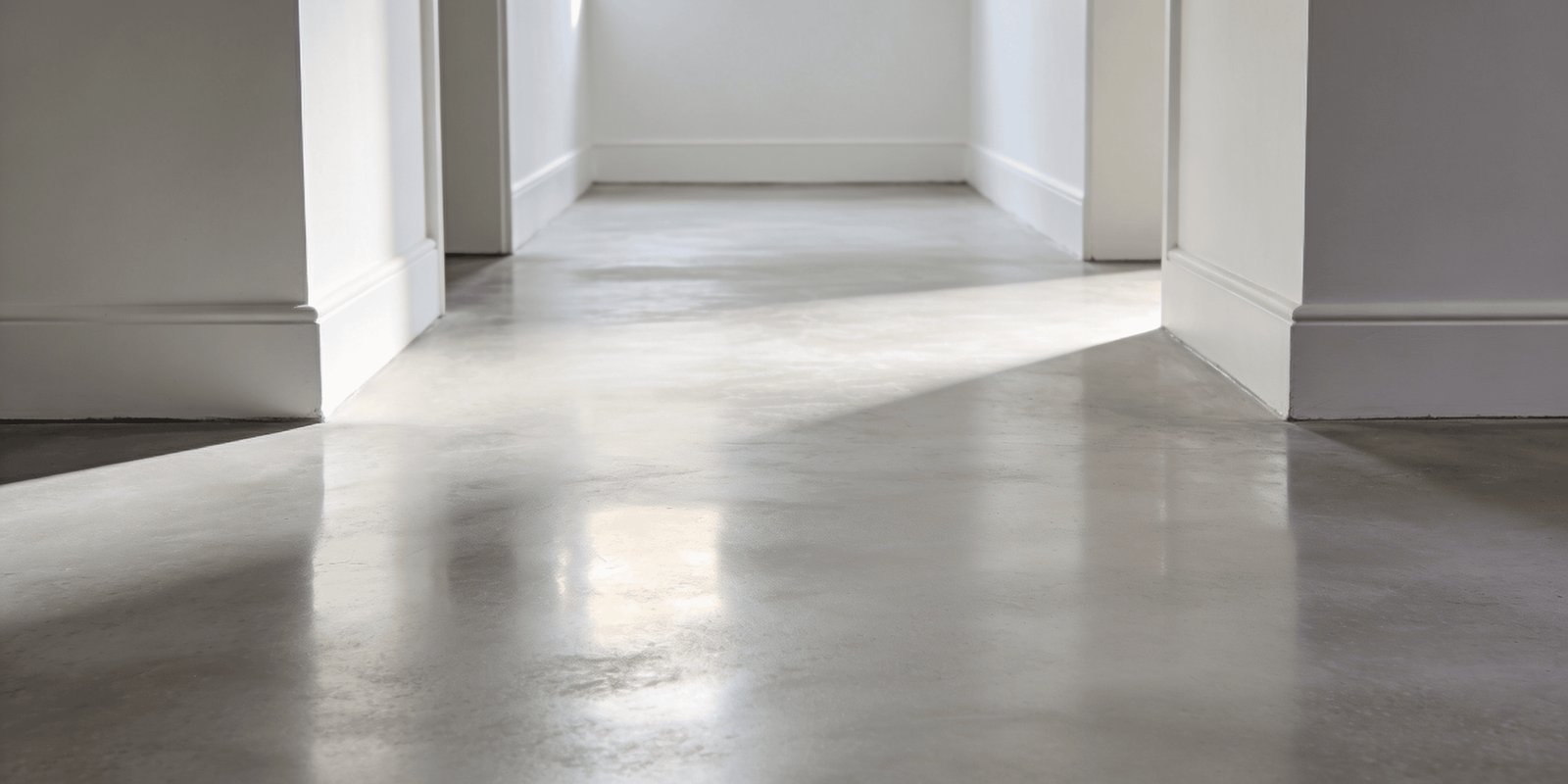 Pasillo minimalista con piso de cemento pulido y luz natural — proyecto Microcemento Diego orosco , por Microcemento alizados Dieguito , en Virrey del Pino