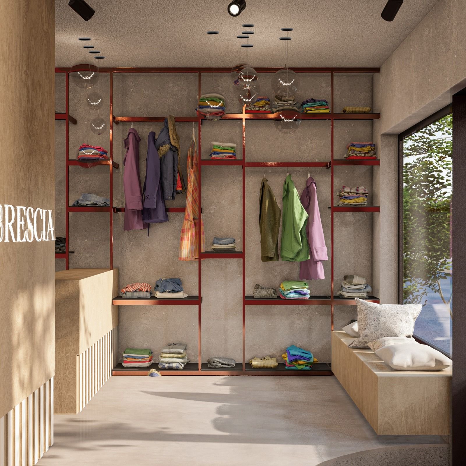 Local comercial moderno con estanterías metálicas rojas — proyecto LOCAL DE INDUMENTARIA, por TD Interiorismo, en San Fernando del Valle de Catamarca