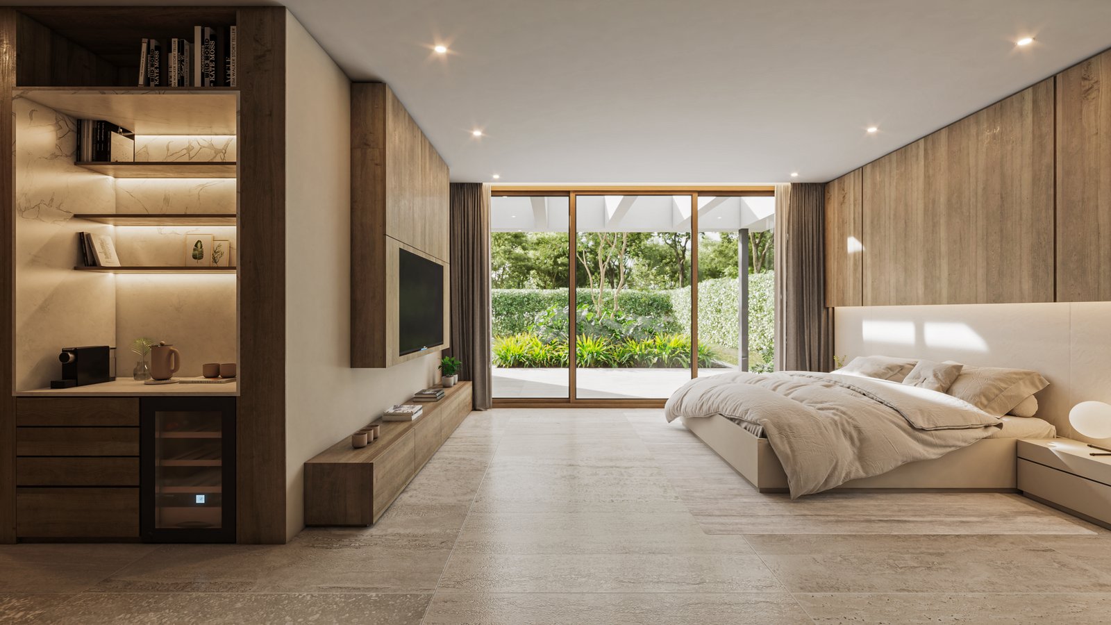 quarto moderno com vista para o jardim e detalhes em madeira — projeto Casa CITY, por Grupo CRBN, em City Bell
