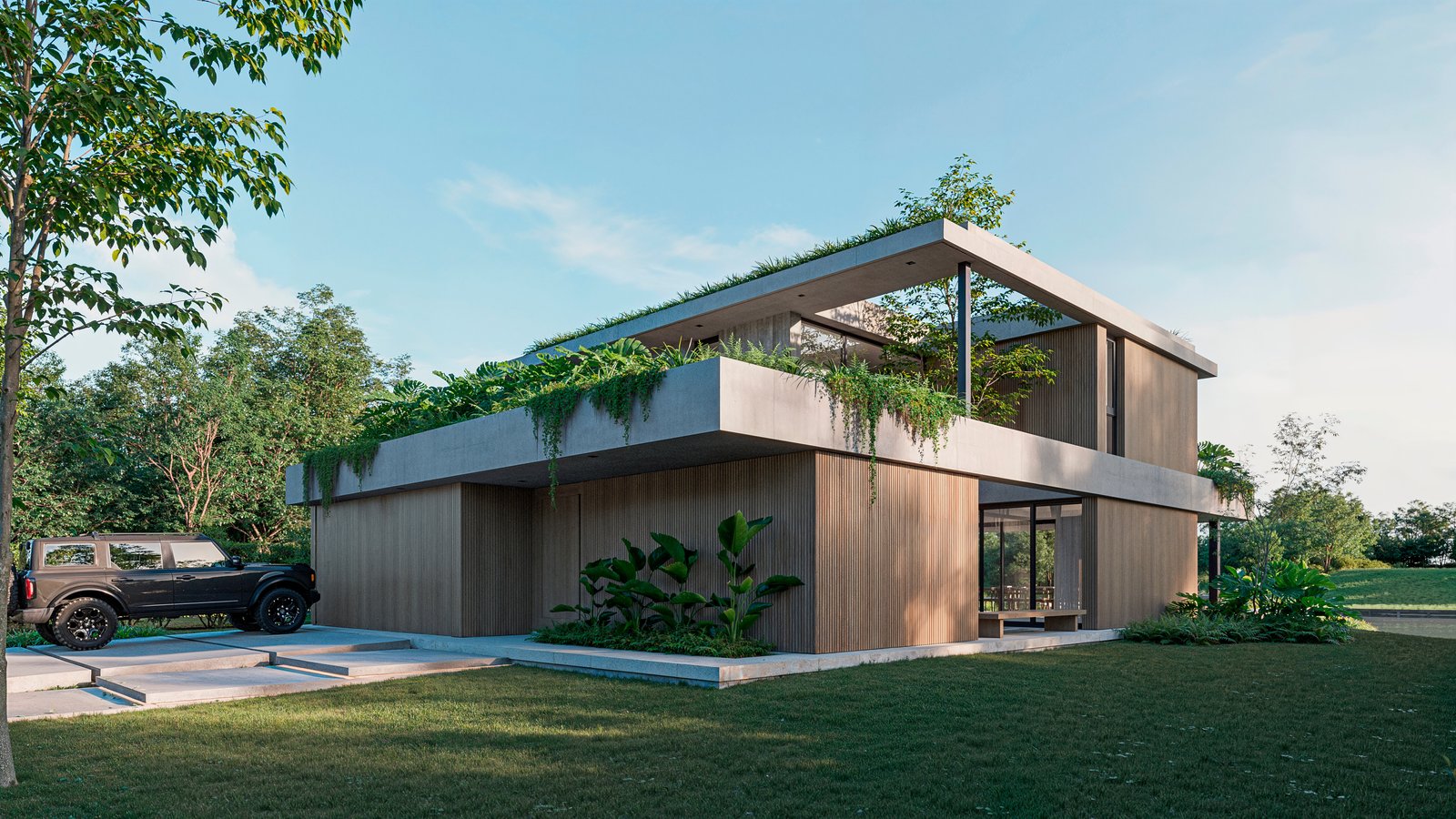 Casa moderna con techo verde y fachada de madera — proyecto Casa CALMA, por Grupo CRBN, en Av. de los Lagos 100