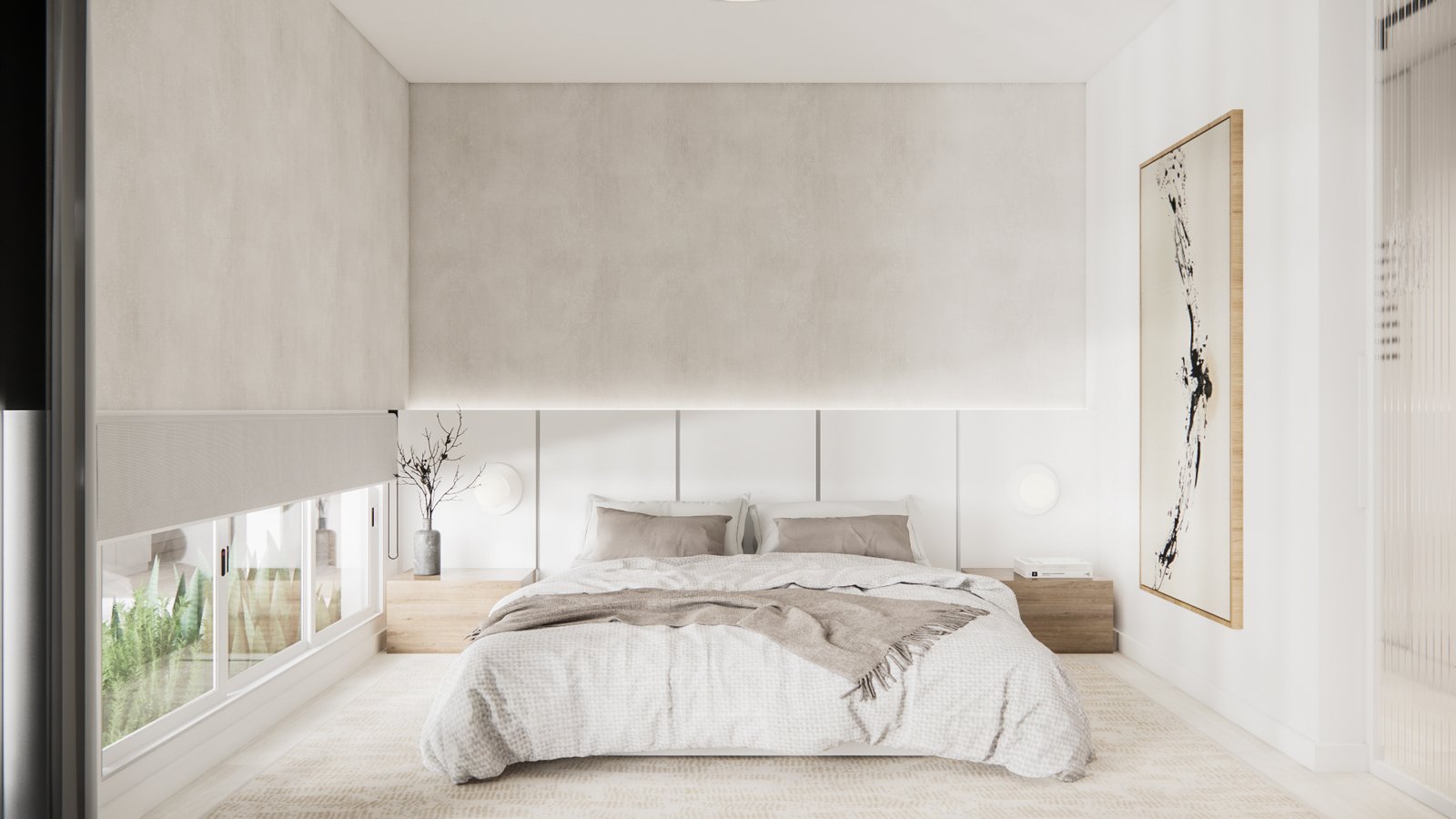 Dormitorio moderno minimalista con luz natural y texturas cálidas — proyecto Casa cálida y acogedora, por Mela Deco Design, en Buenos Aires