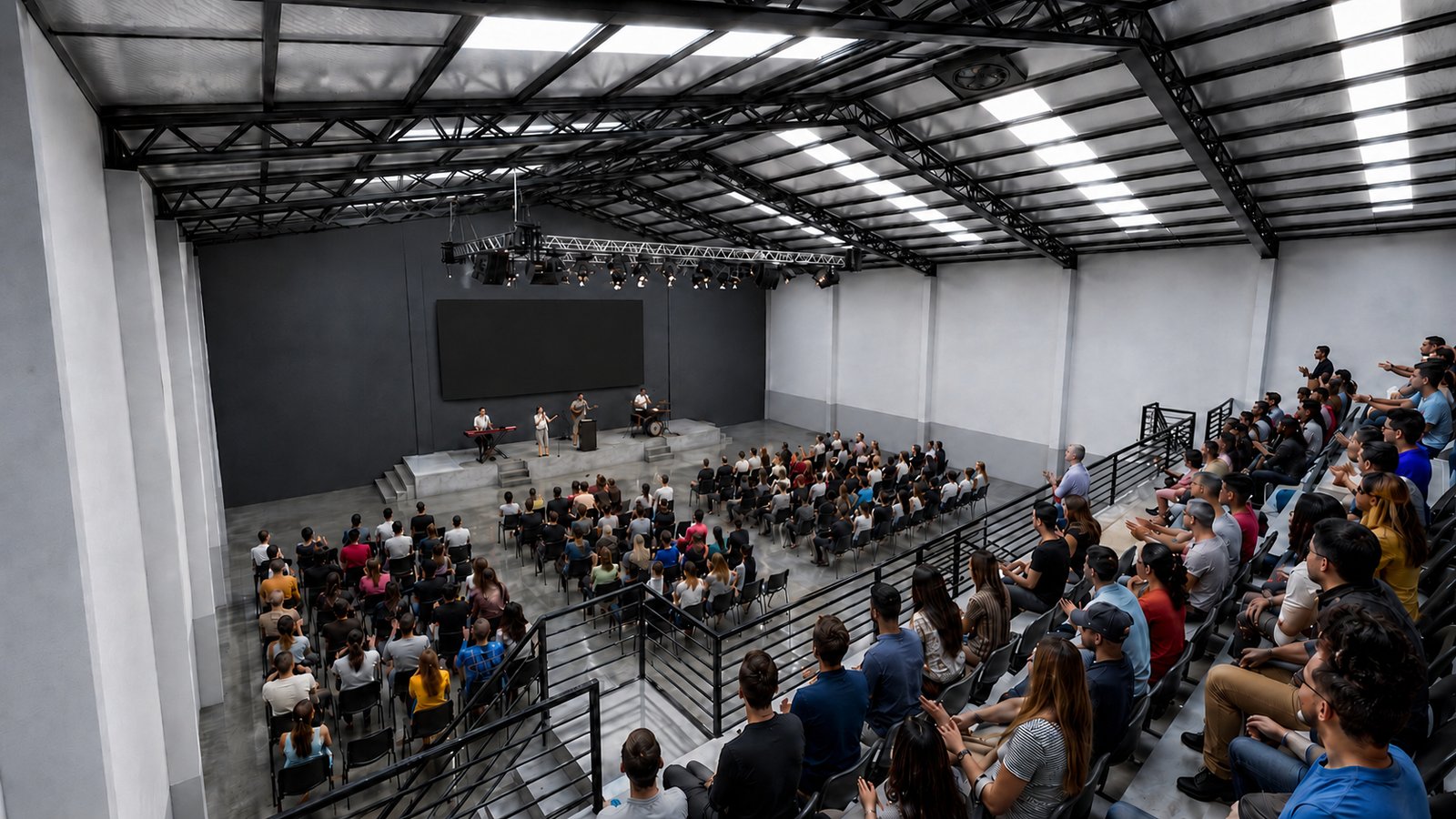 Auditório industrial moderno com teto de vigas aparentes e assentos em degraus — projeto Proyecto Salem, por WILSON ARQUITECTURA, em Pilar