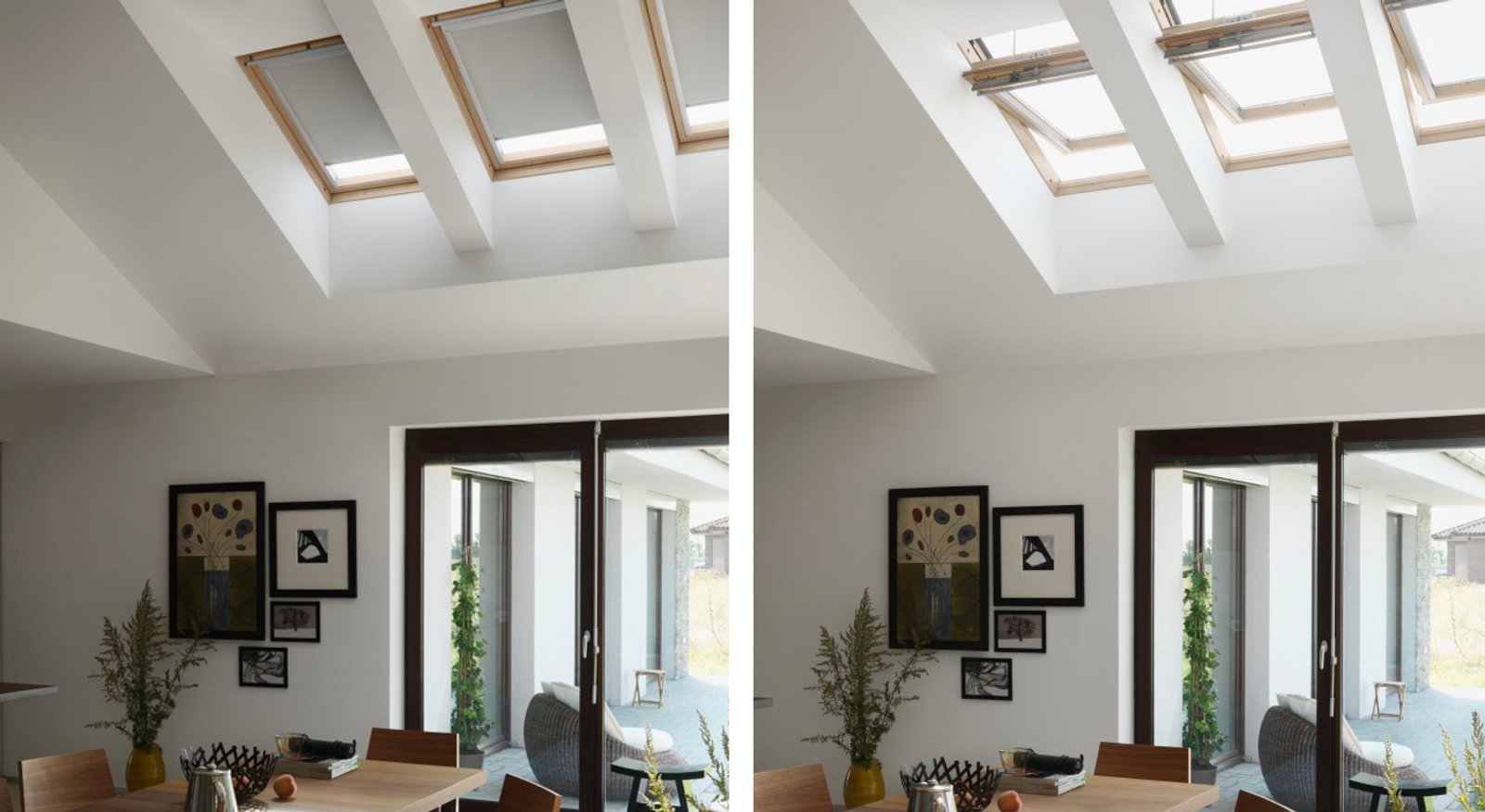 Comedor moderno-rústico con techo alto y tragaluces — proyecto Cocina, por VELUX