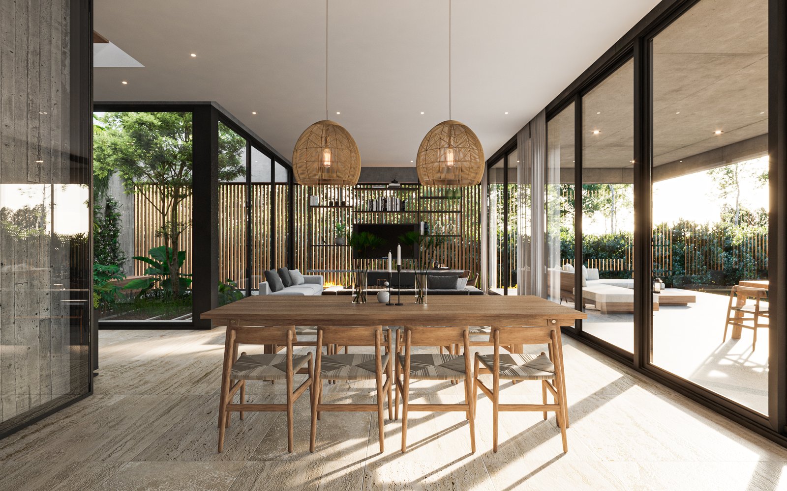 Comedor moderno integrado con mucha luz natural y madera — proyecto Casa PUERTOS, por Grupo CRBN, en Provincia de Buenos Aires