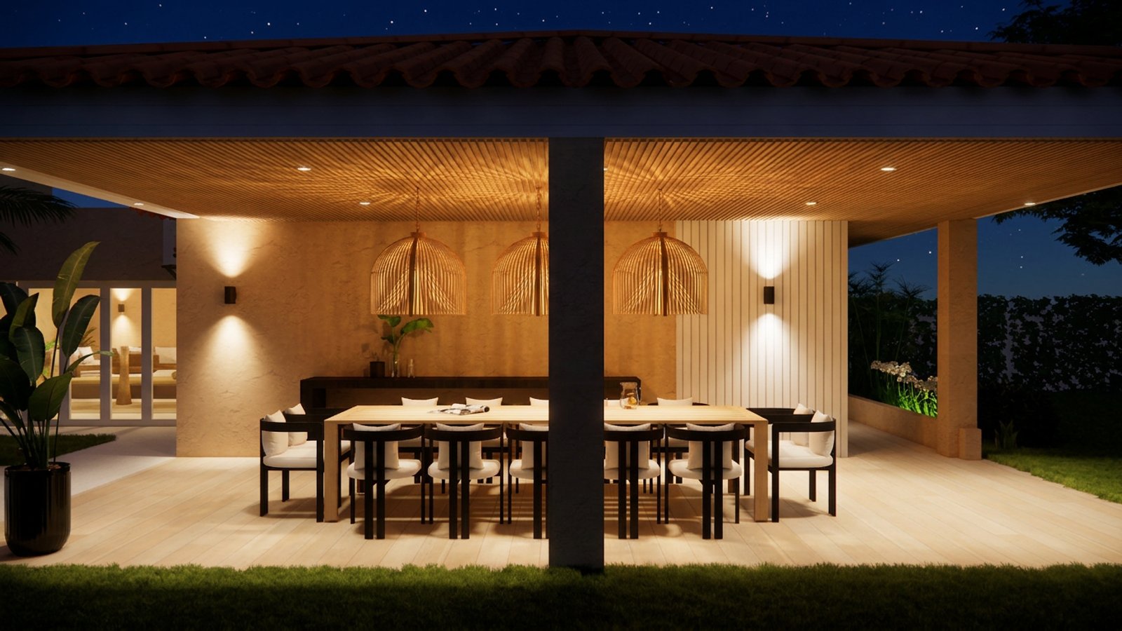 Comedor exterior con techo de paja y luces cálidas — proyecto Diseño de galería y fogonero, por Mela Deco Design, en Buenos Aires