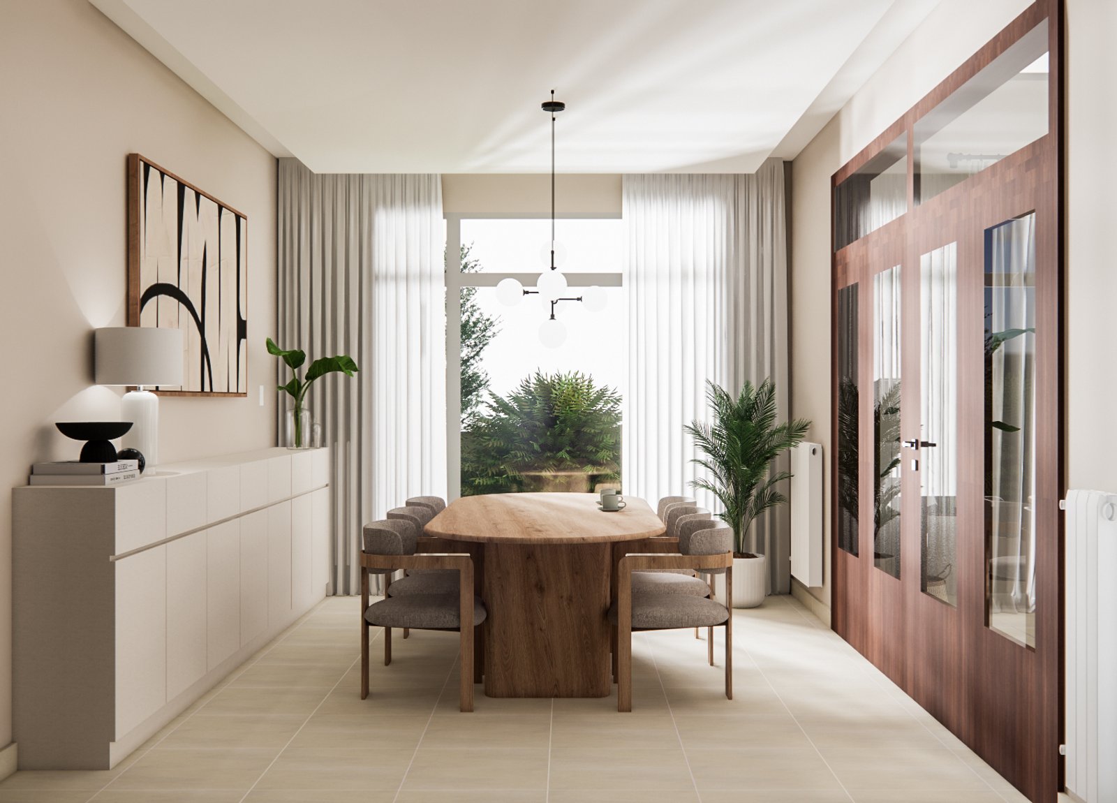 Comedor moderno con amplios ventanales y mucha luz — proyecto Casa de familia elegante y funcional, por Mela Deco Design, en Buenos Aires