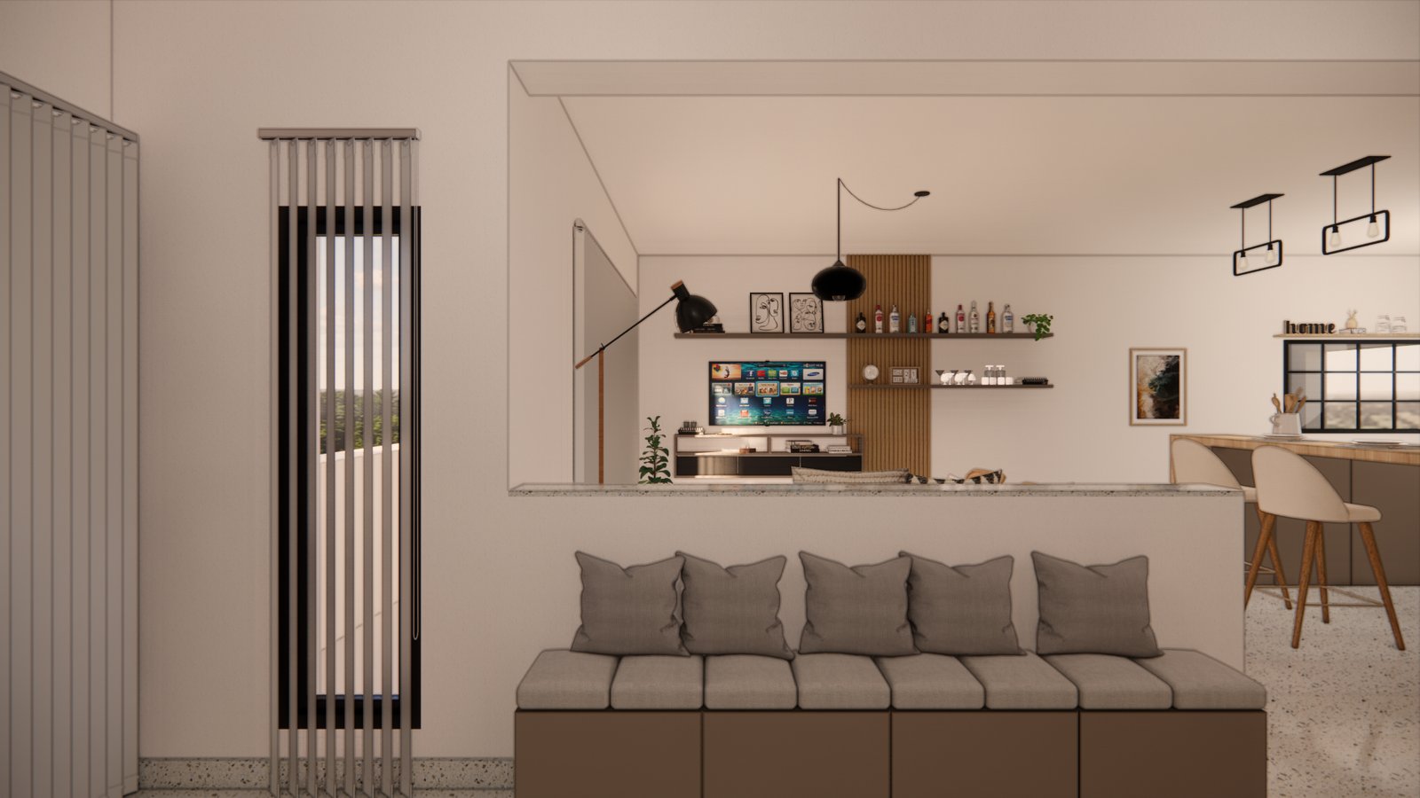 Sala moderna com cozinha integrada e sofá modular bege — projeto PROYECTO MJC, por Todo con A, em X5125 Monte Cristo