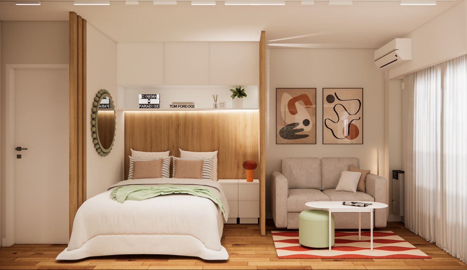 Monoambiente moderno con dormitorio y living integrados — proyecto Diseño de monoambiente colorido, por Mela Deco Design, en Buenos Aires